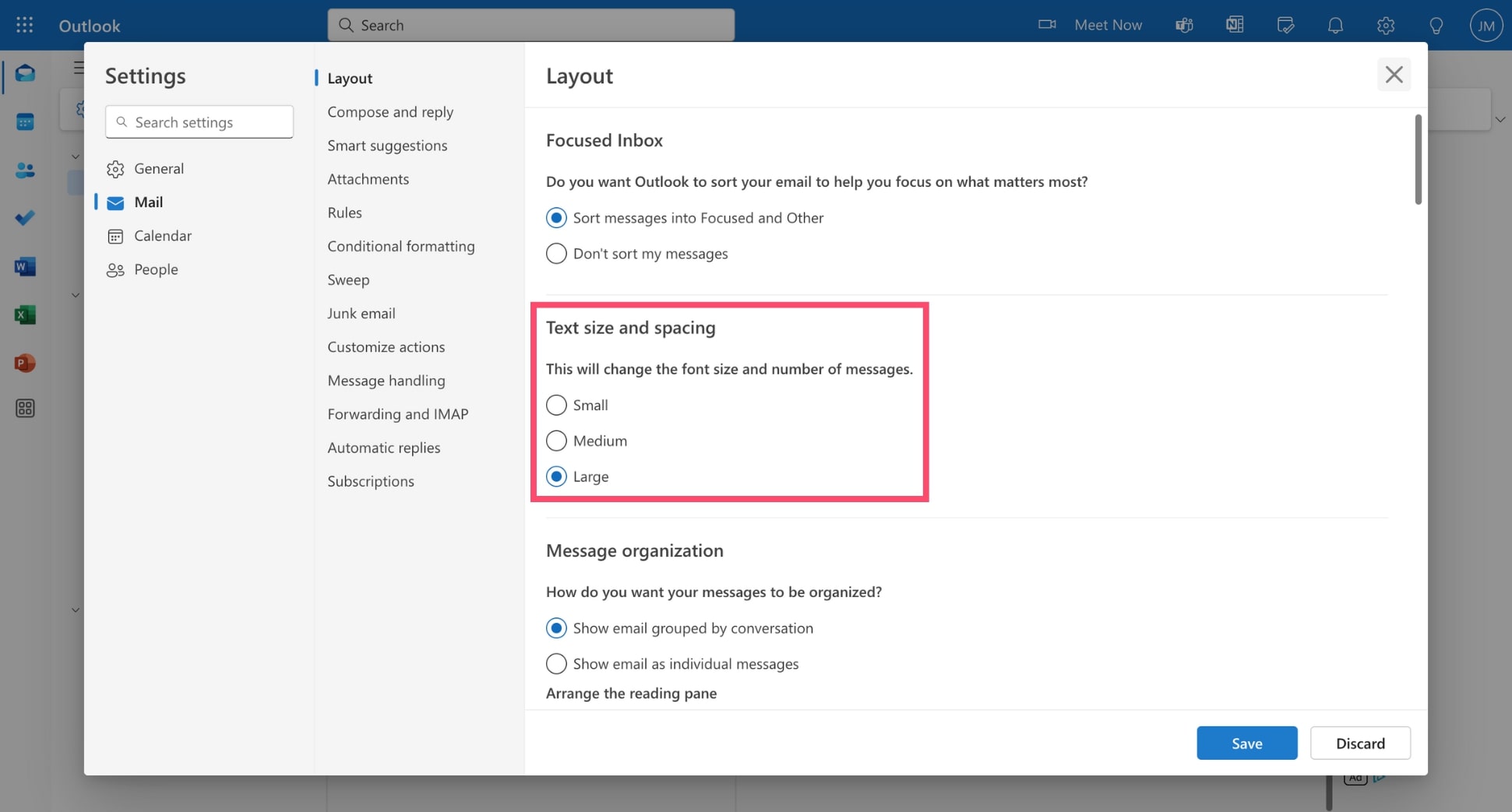 Change the text size and spacing in Outlook