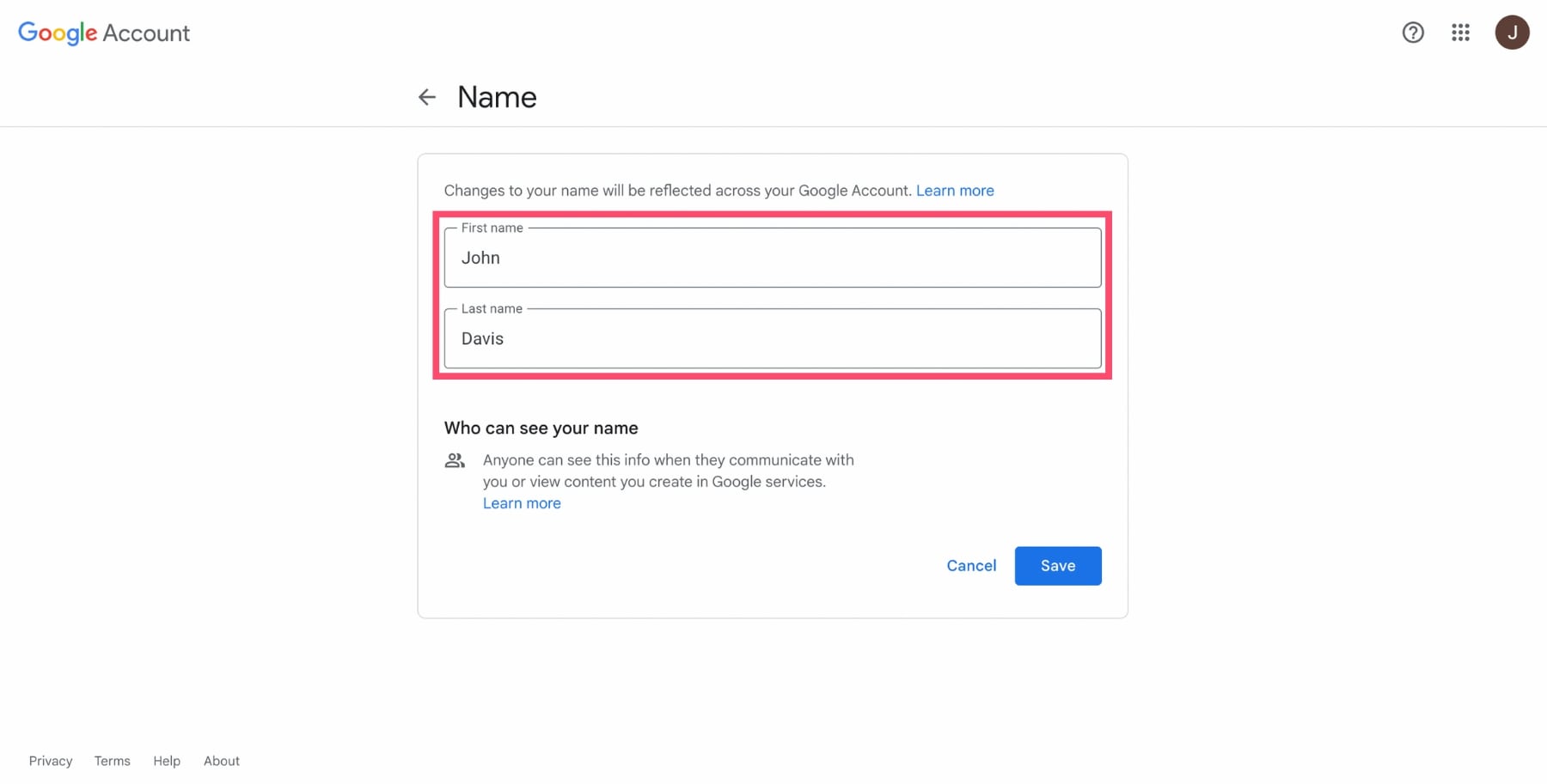 Change the name of your Google Account