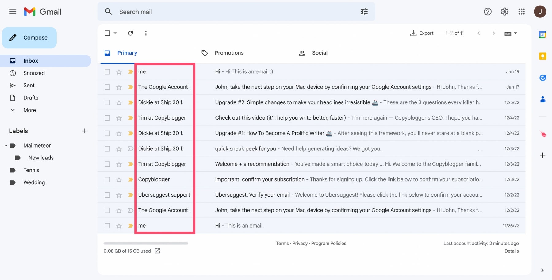 Email name in Gmail