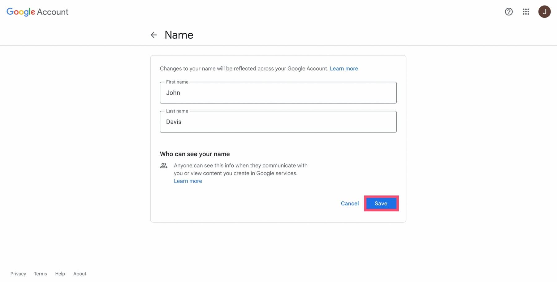 Save your Google Account name