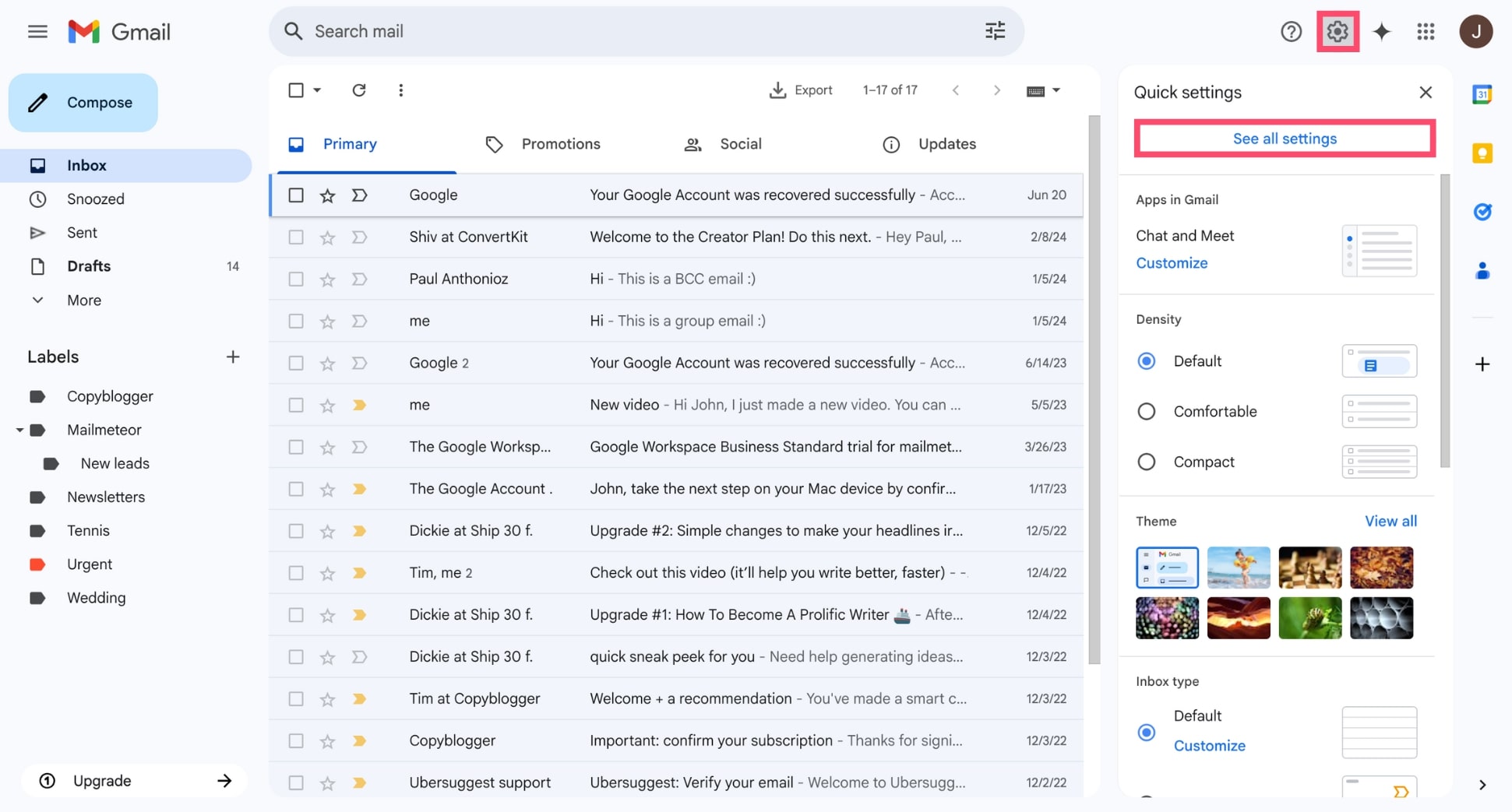 Open Gmail settings