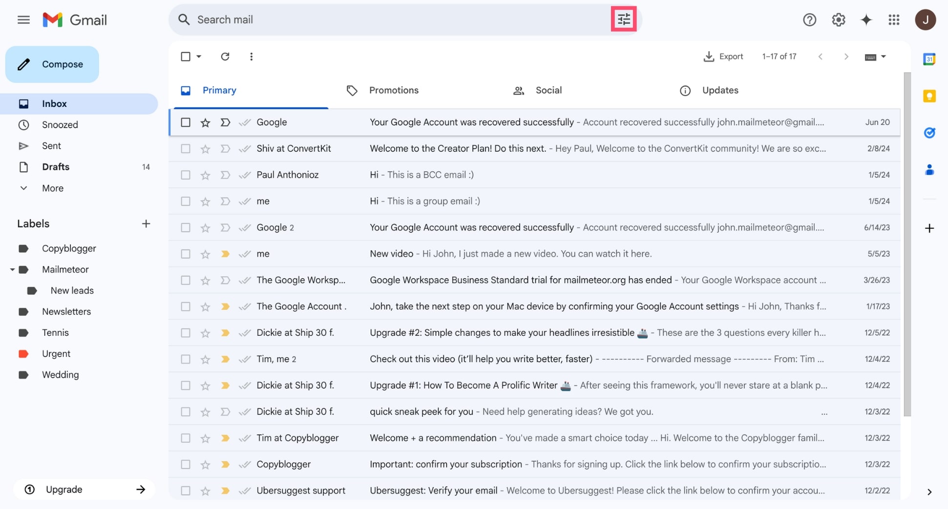 Show search options in Gmail