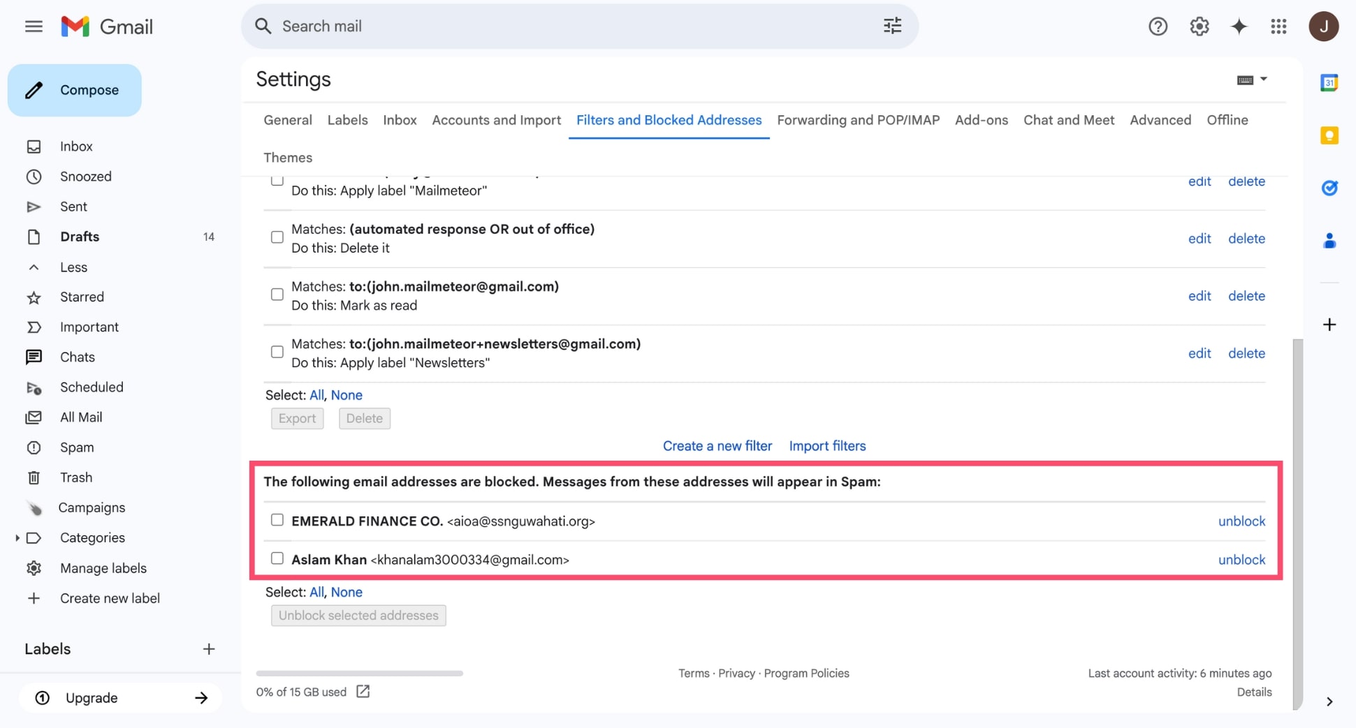 View blocked email addresses in Gmail