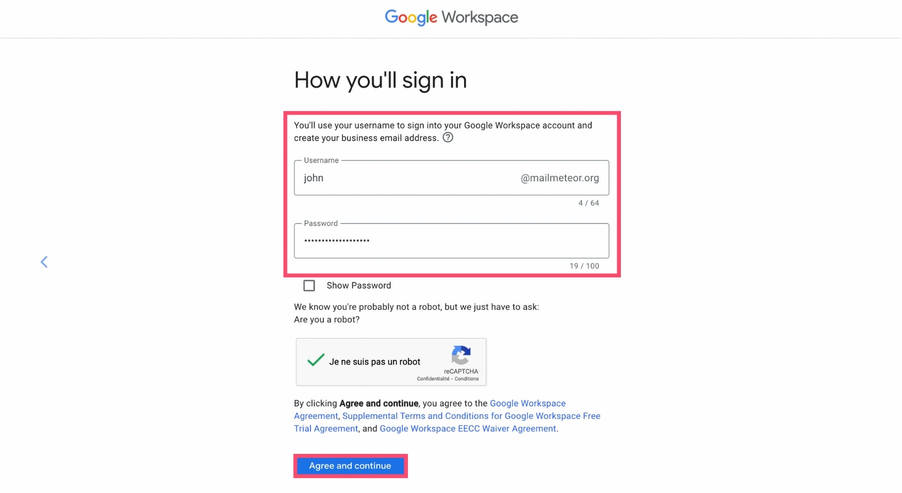 Pick your Google Workspace username and password