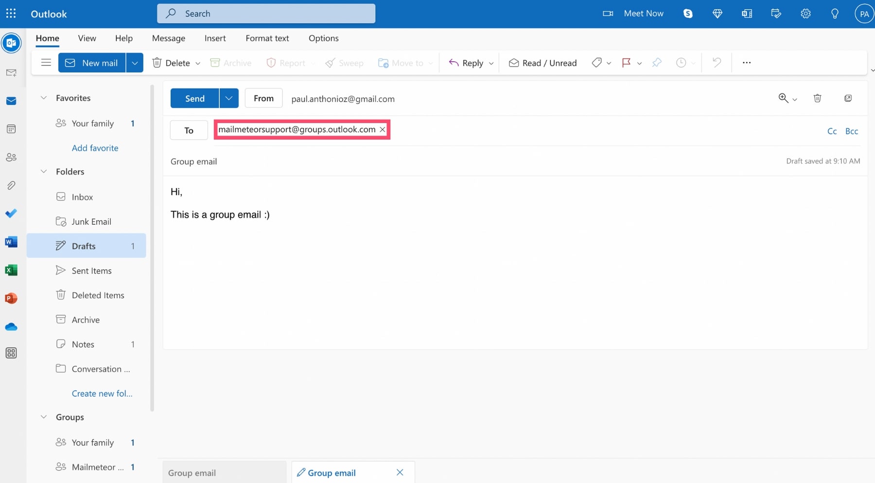 Create a group email in Outlook