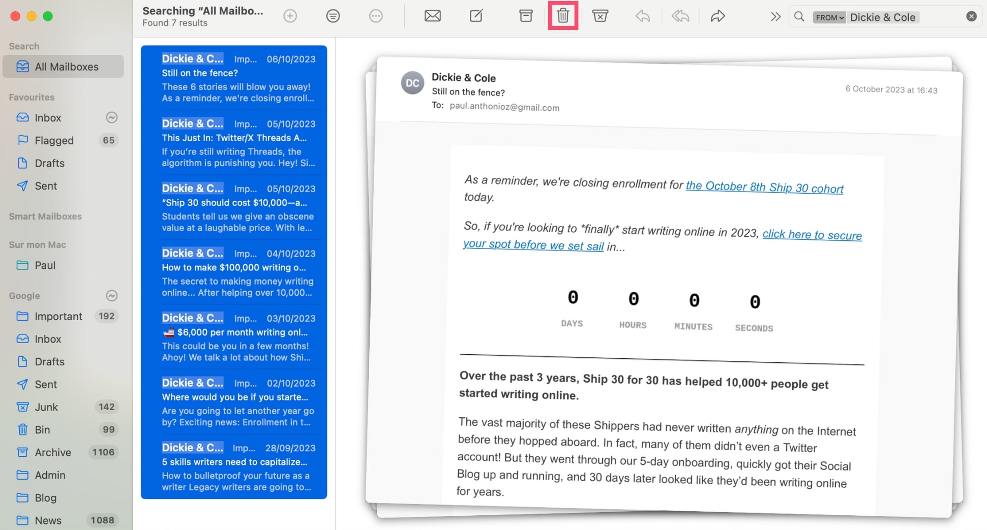 Mass delete emails from a sender in Apple Mail