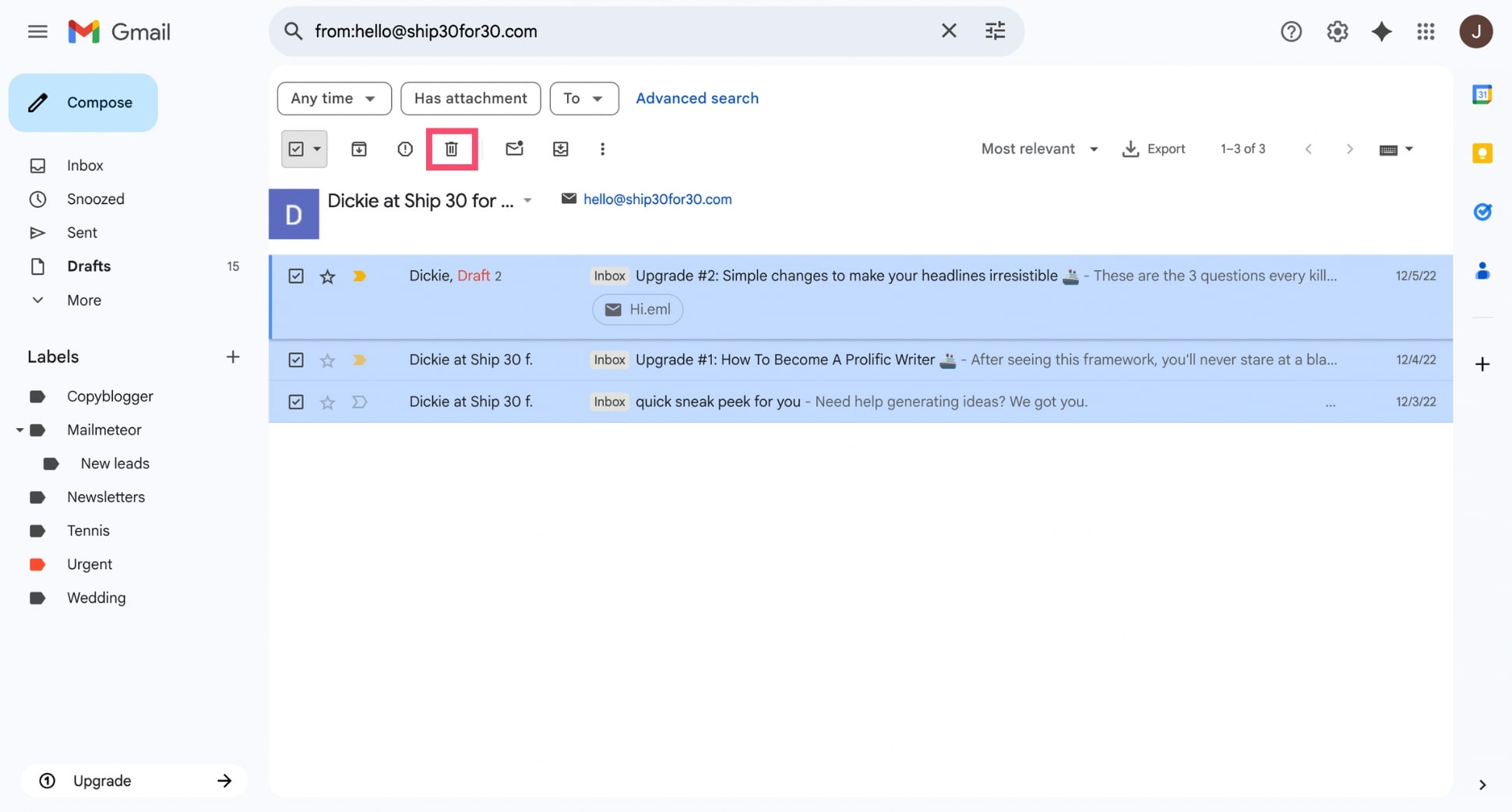 Delete all emails from one sender in Gmail