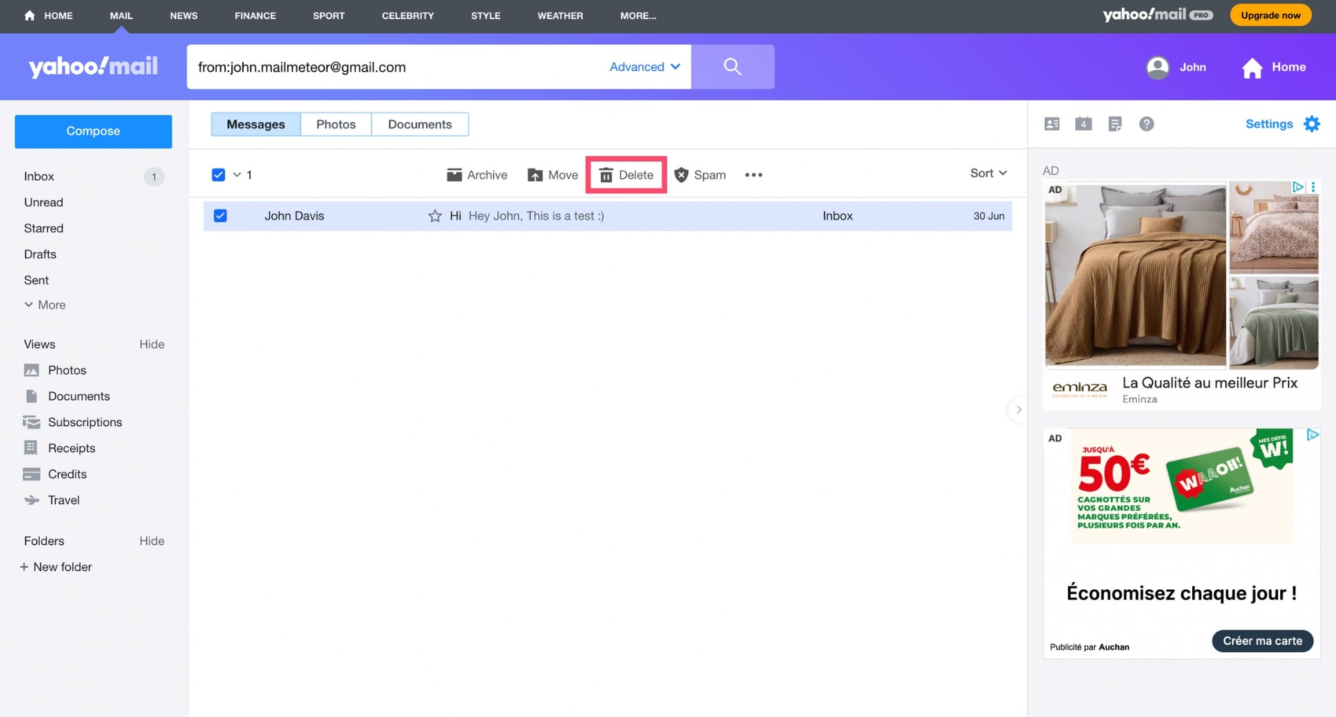Bulk delete emails from a sender in Yahoo Mail