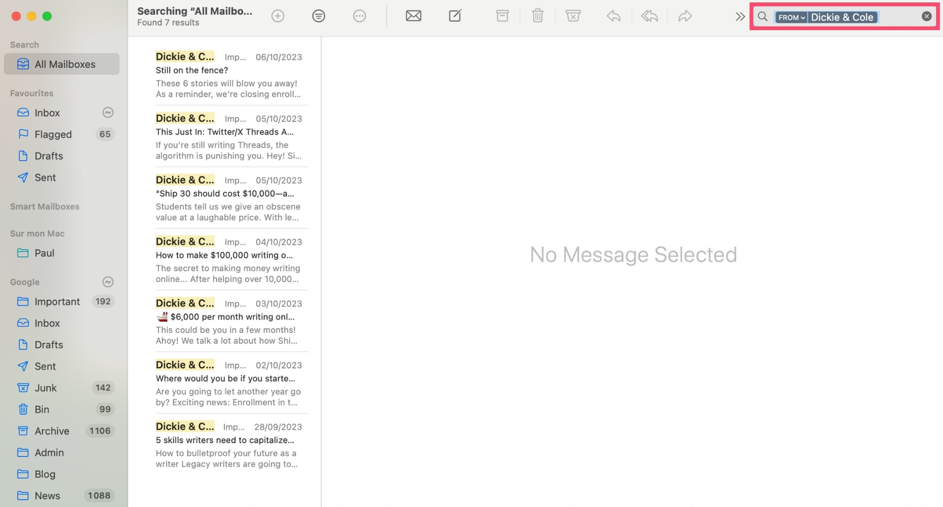 Find emails from a sender in Apple Mail
