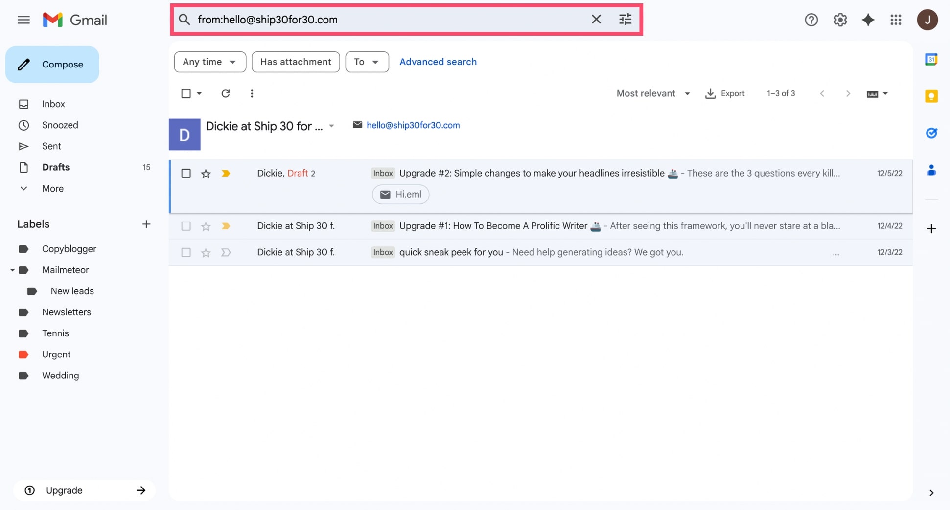 Search for all emails from one sender in Gmail