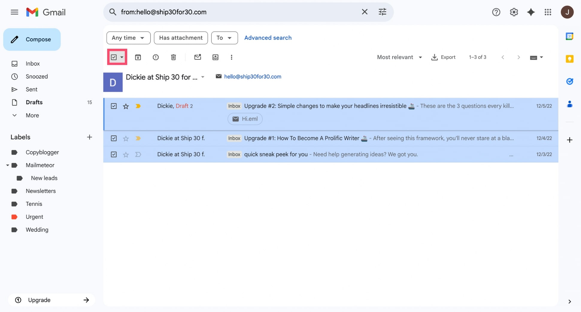 Select all emails from one sender in Gmail