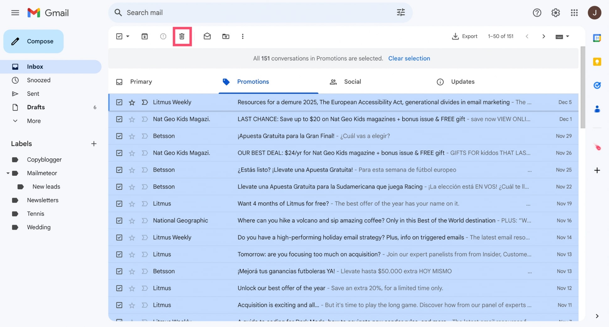 Bulk delete all promotions in Gmail