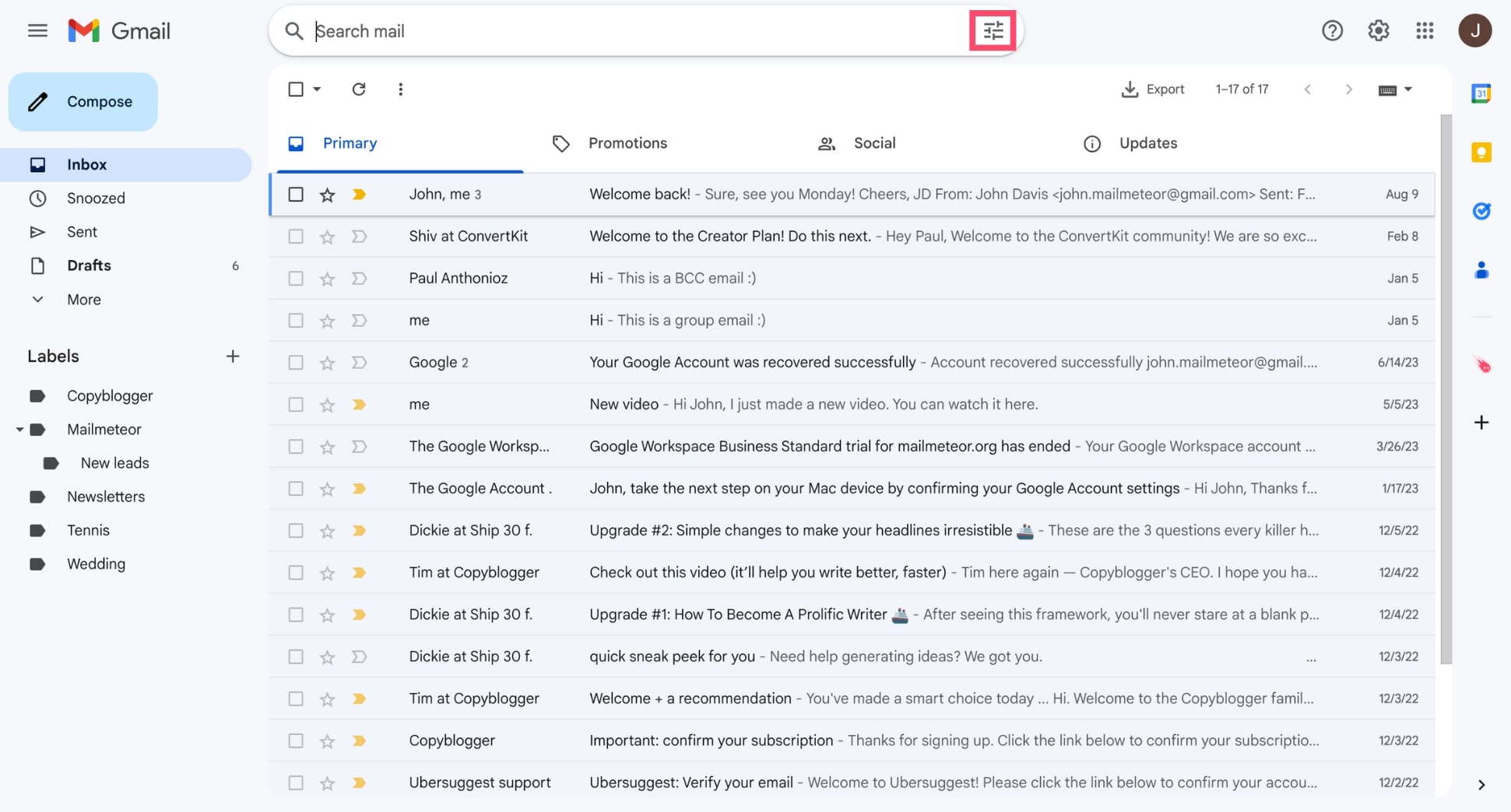 Open Search filter menu in Gmail