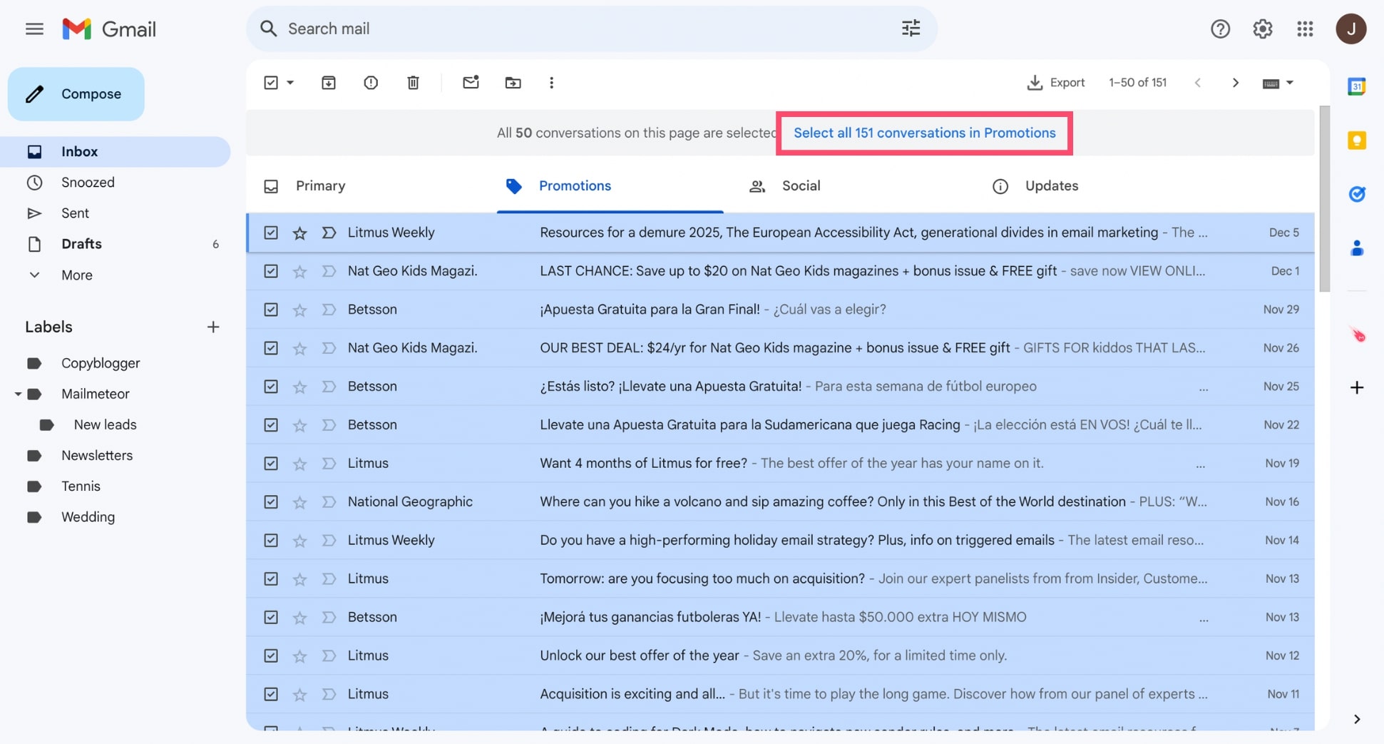 Select all promotional emails in Gmail