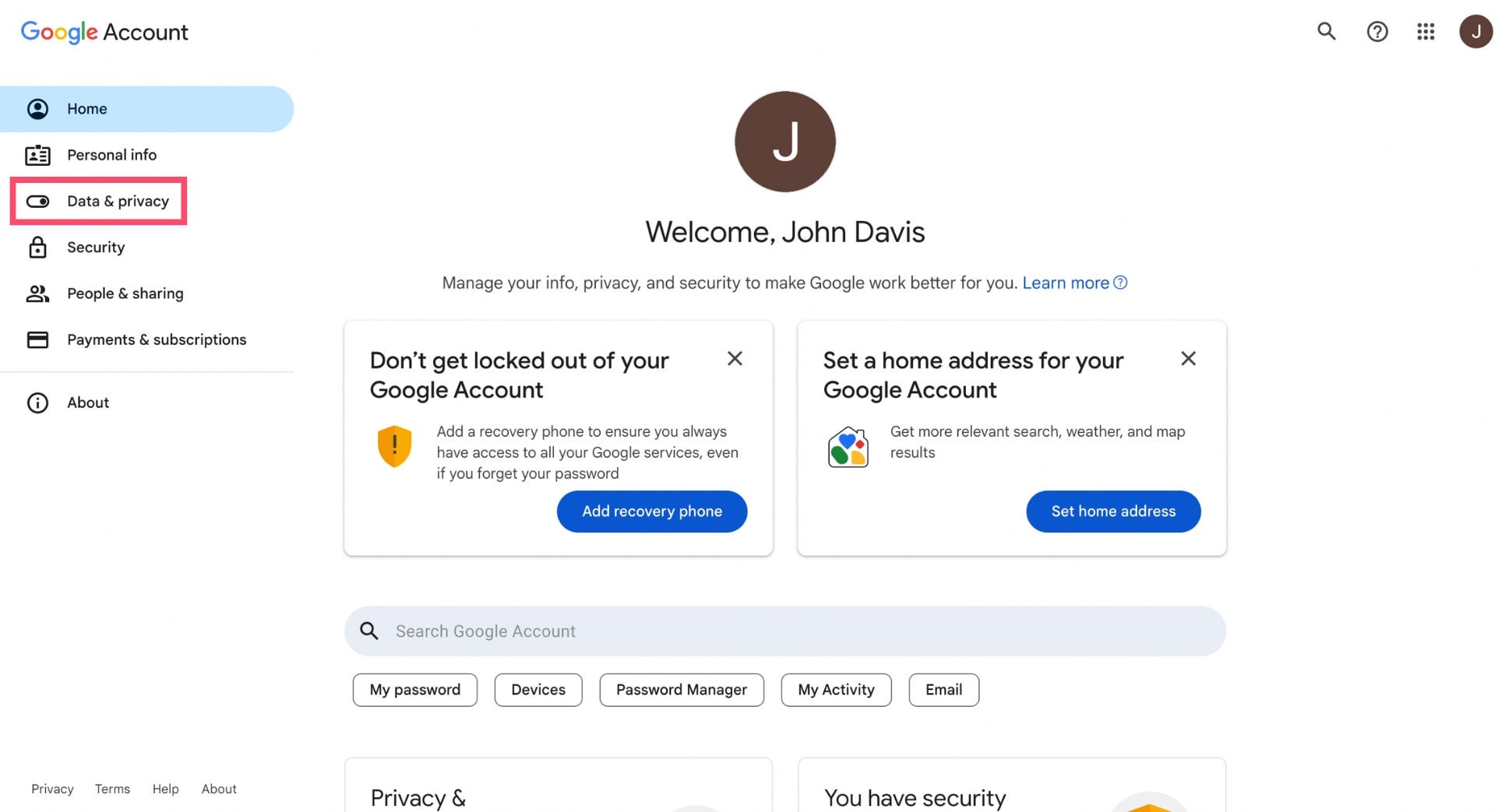 Data & Privacy menu in your Google Account settings