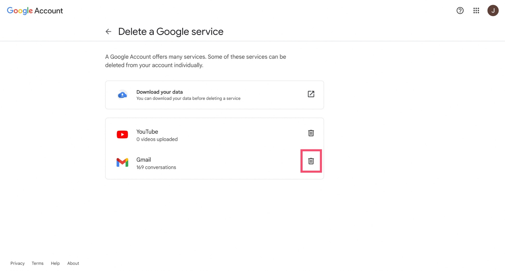 Delete a Gmail account