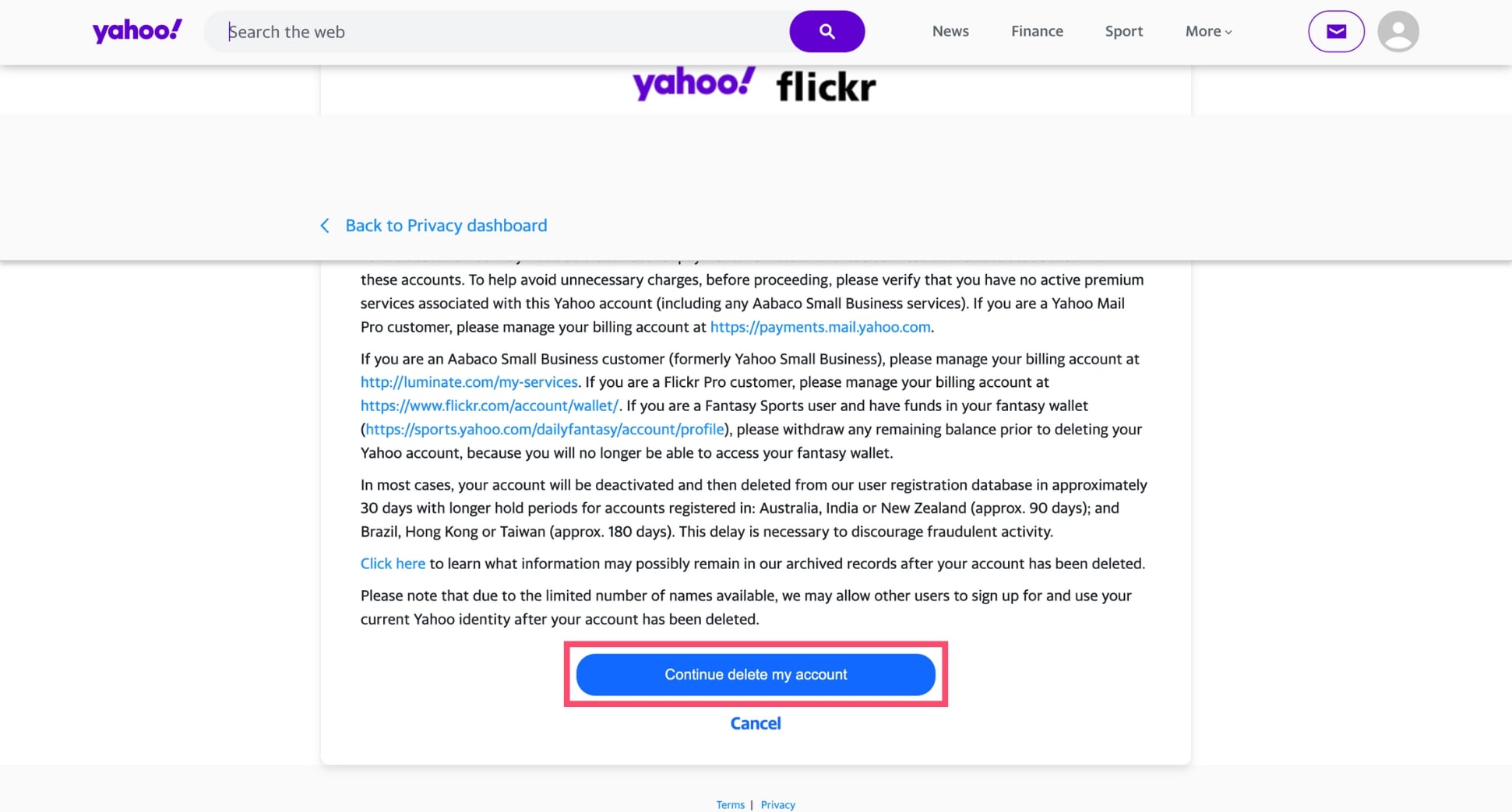 Delete a Yahoo.com email address