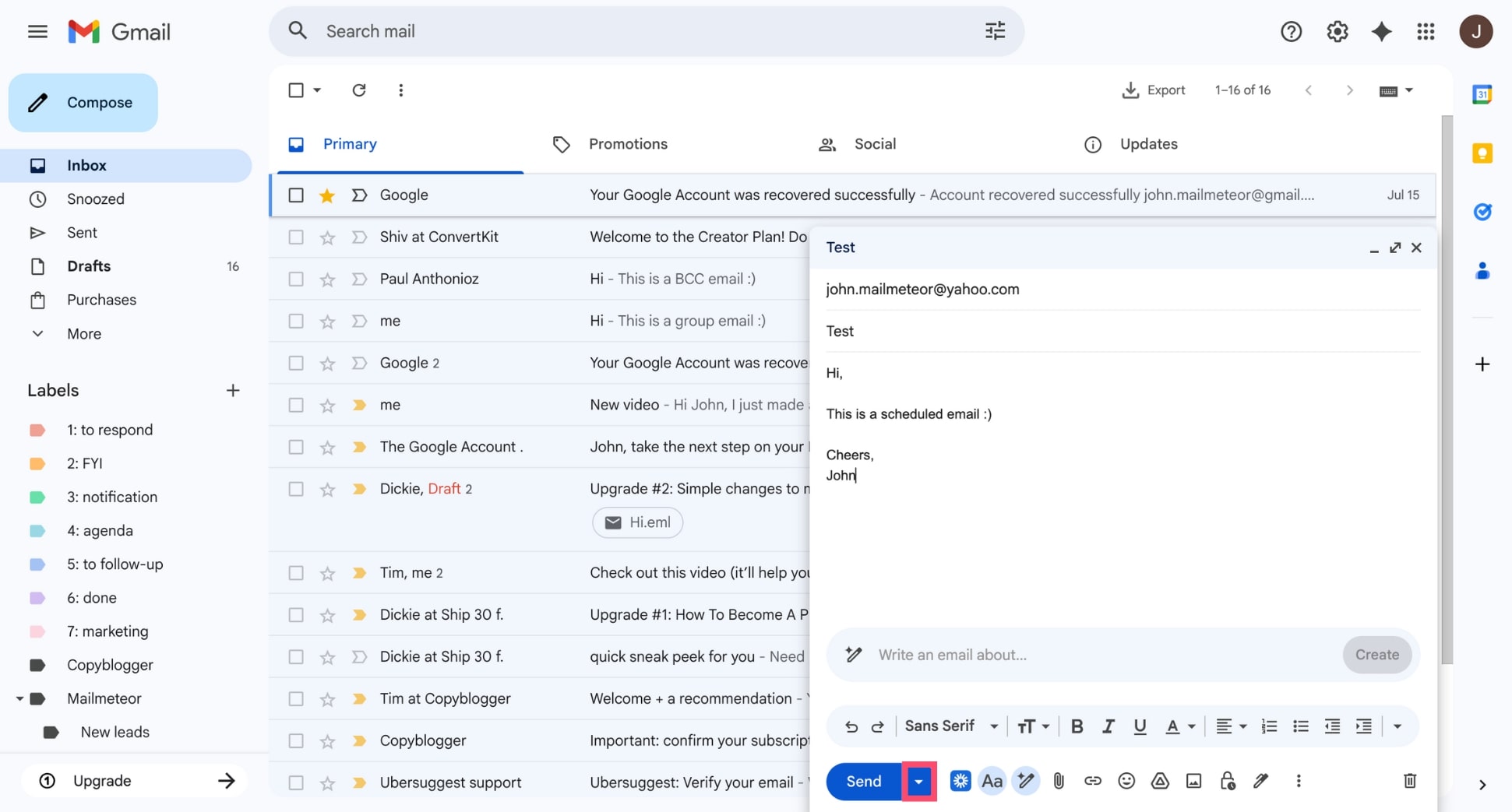 Arrow next to the Send button in Gmail used to open scheduling options