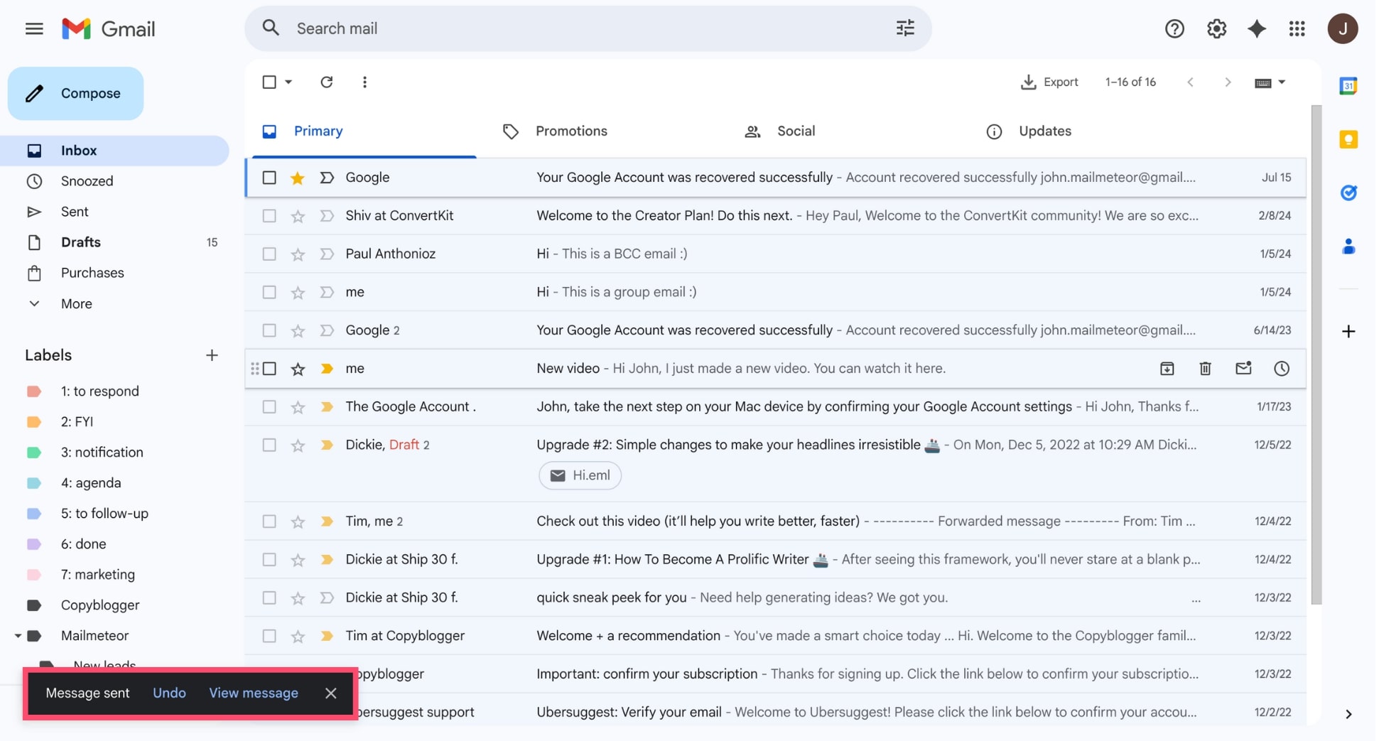 Gmail showing the “Message sent” notification with an Undo button