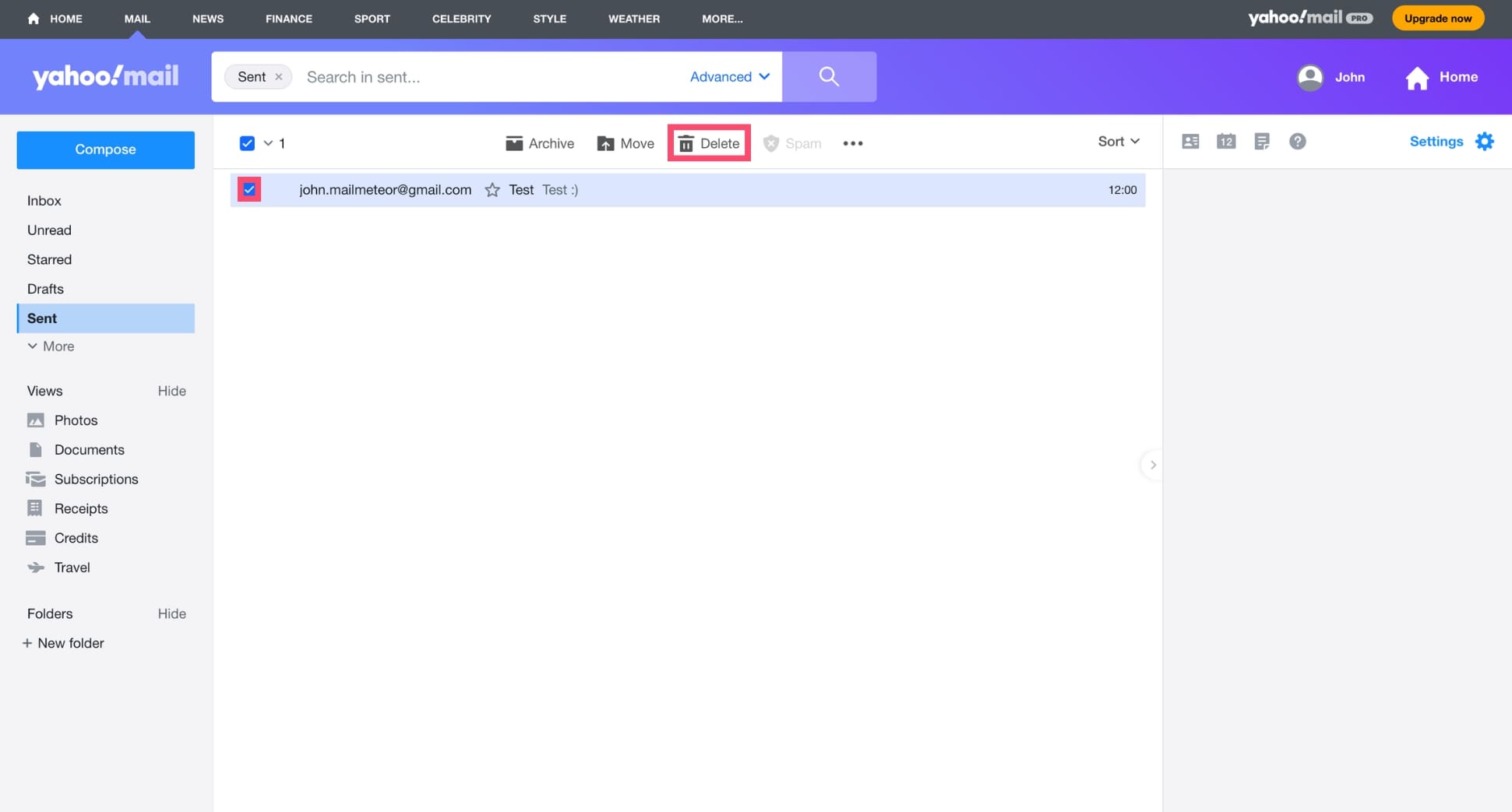 Yahoo Mail message window showing the Trash icon used to delete the email