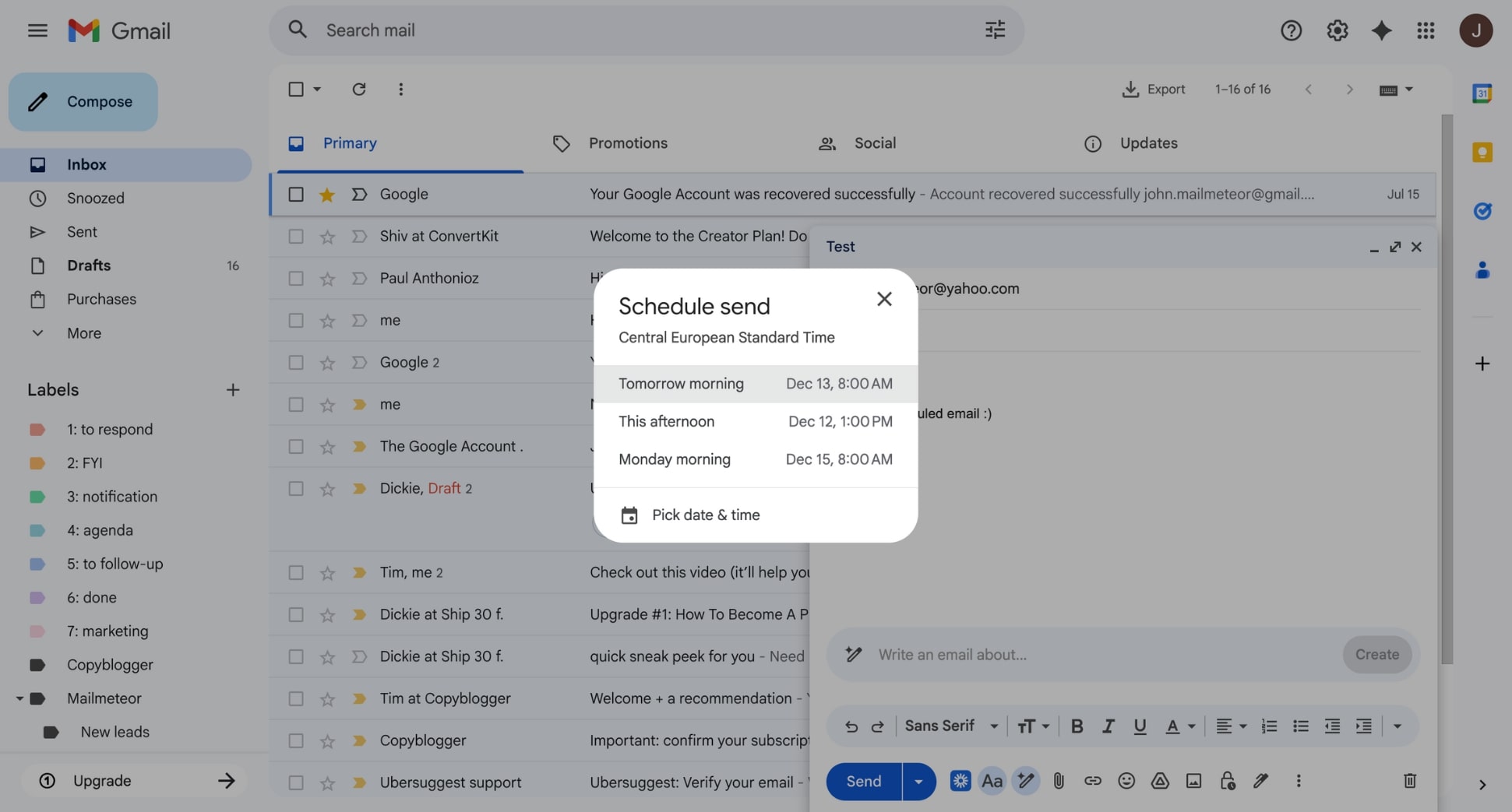 Gmail scheduling popup with preset times and a custom date selector