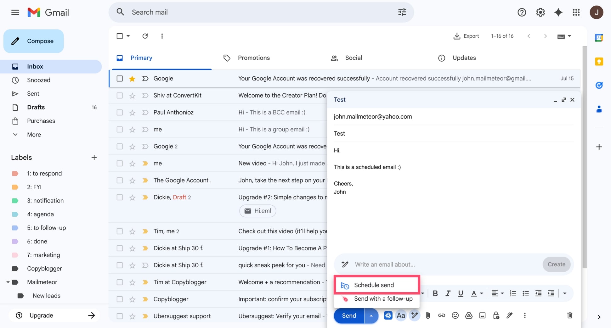 Gmail menu showing the “Schedule send” option highlighted