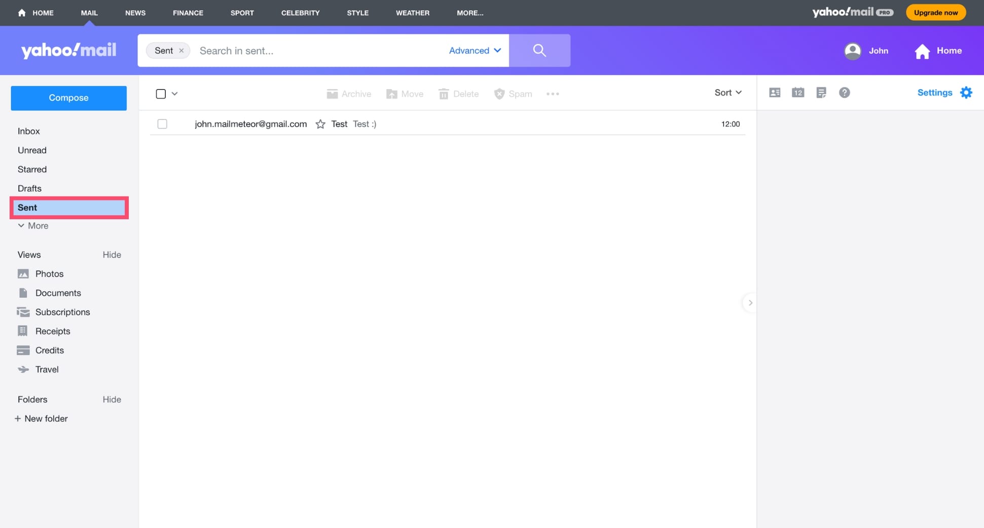 Sidebar in Yahoo Mail with the “Sent” folder highlighted