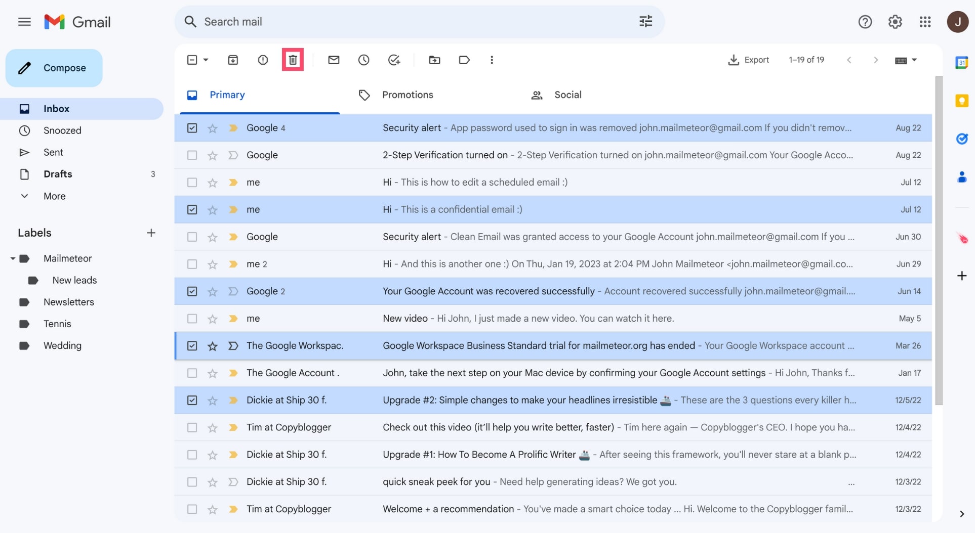 How to delete multiple emails in Gmail