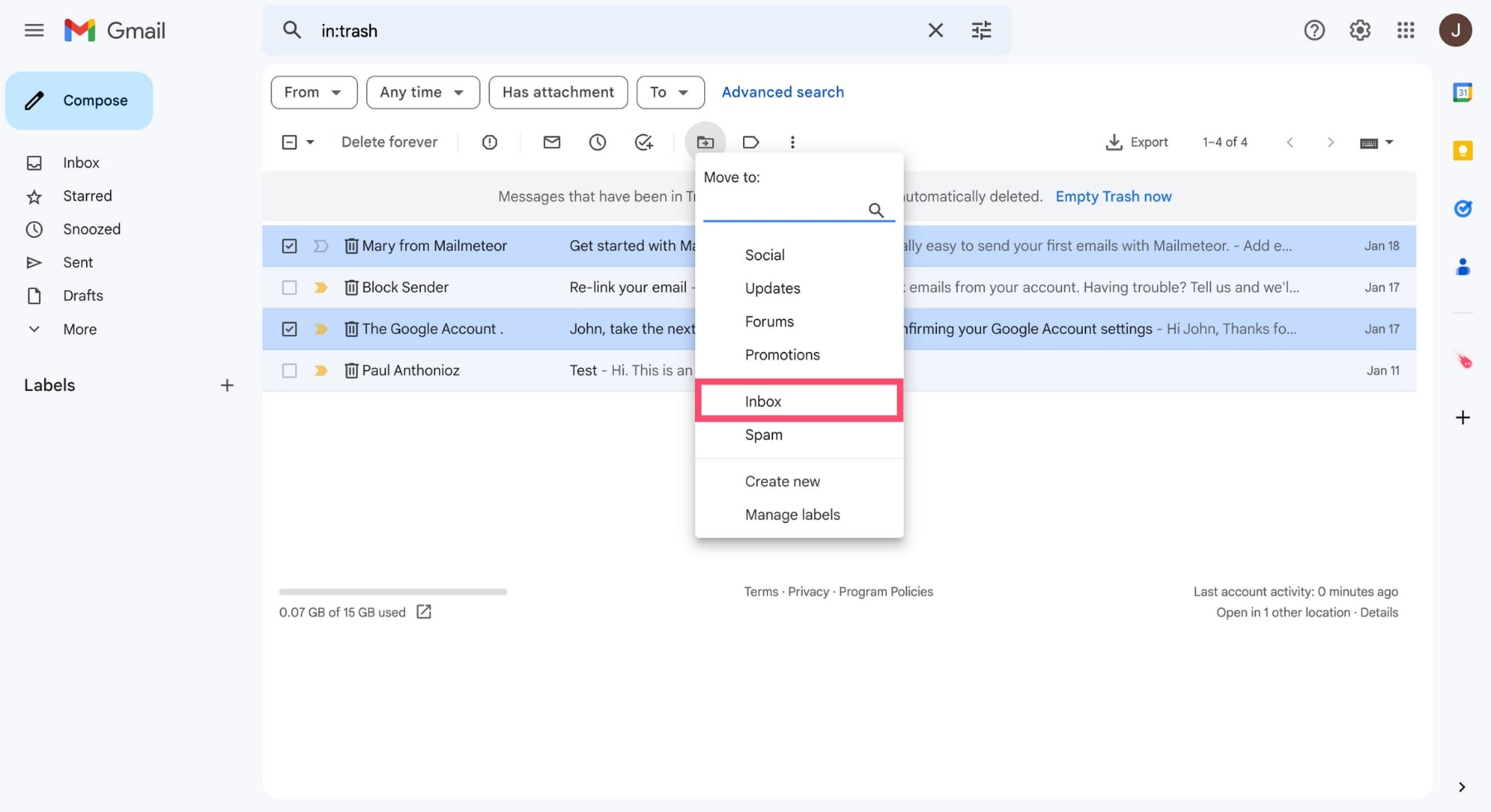 Recover deleted emails in Gmail