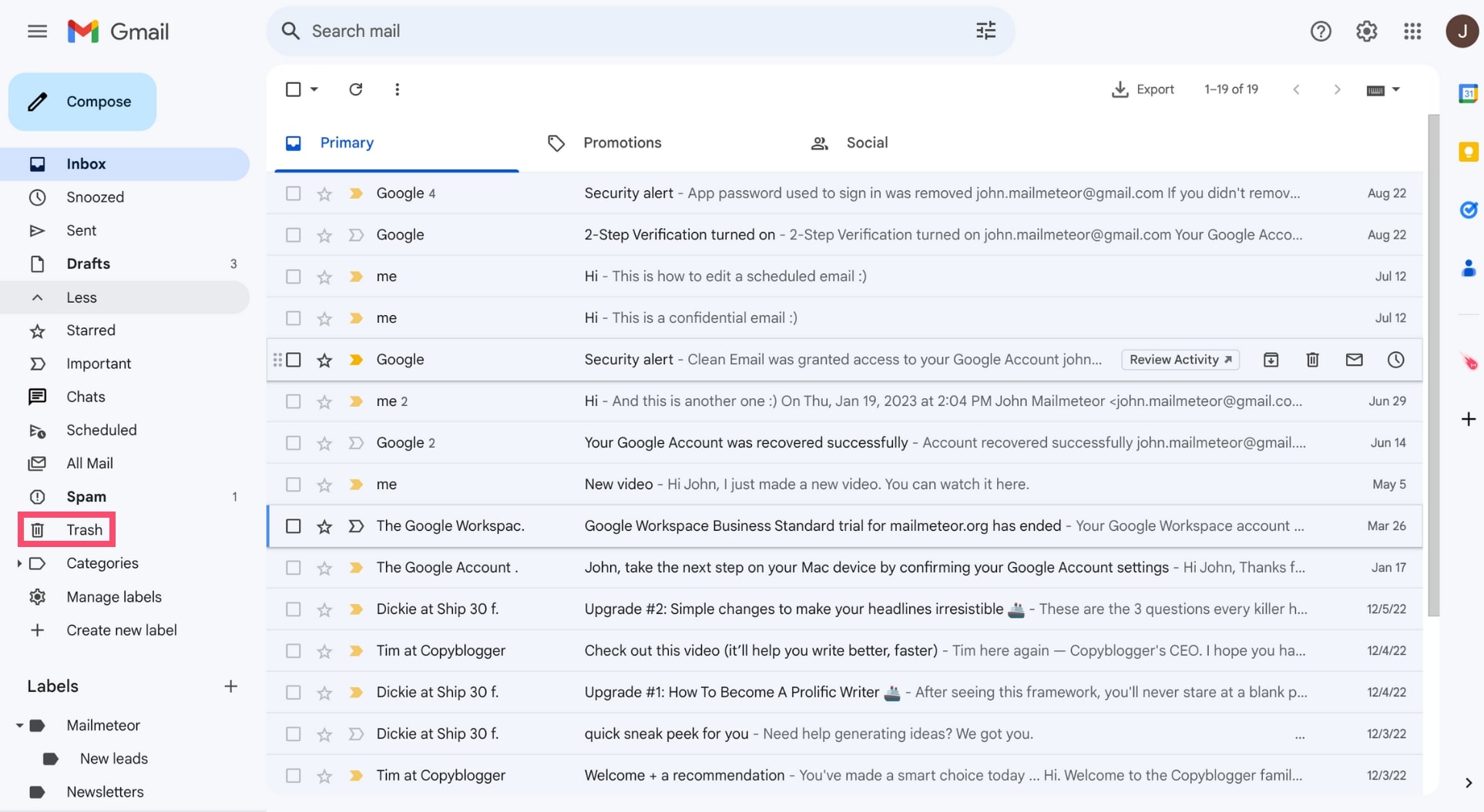 Gmail trash folder