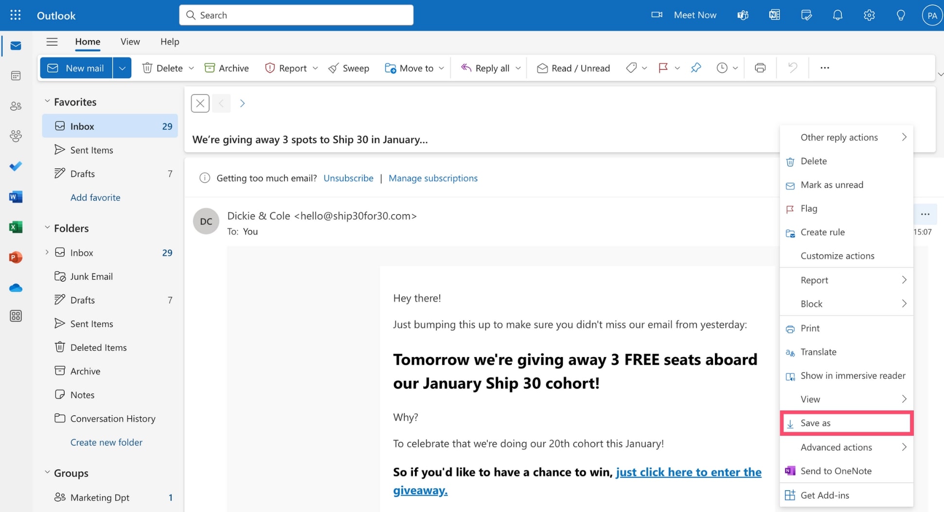 Download Outlook mail and make a local copy on your device