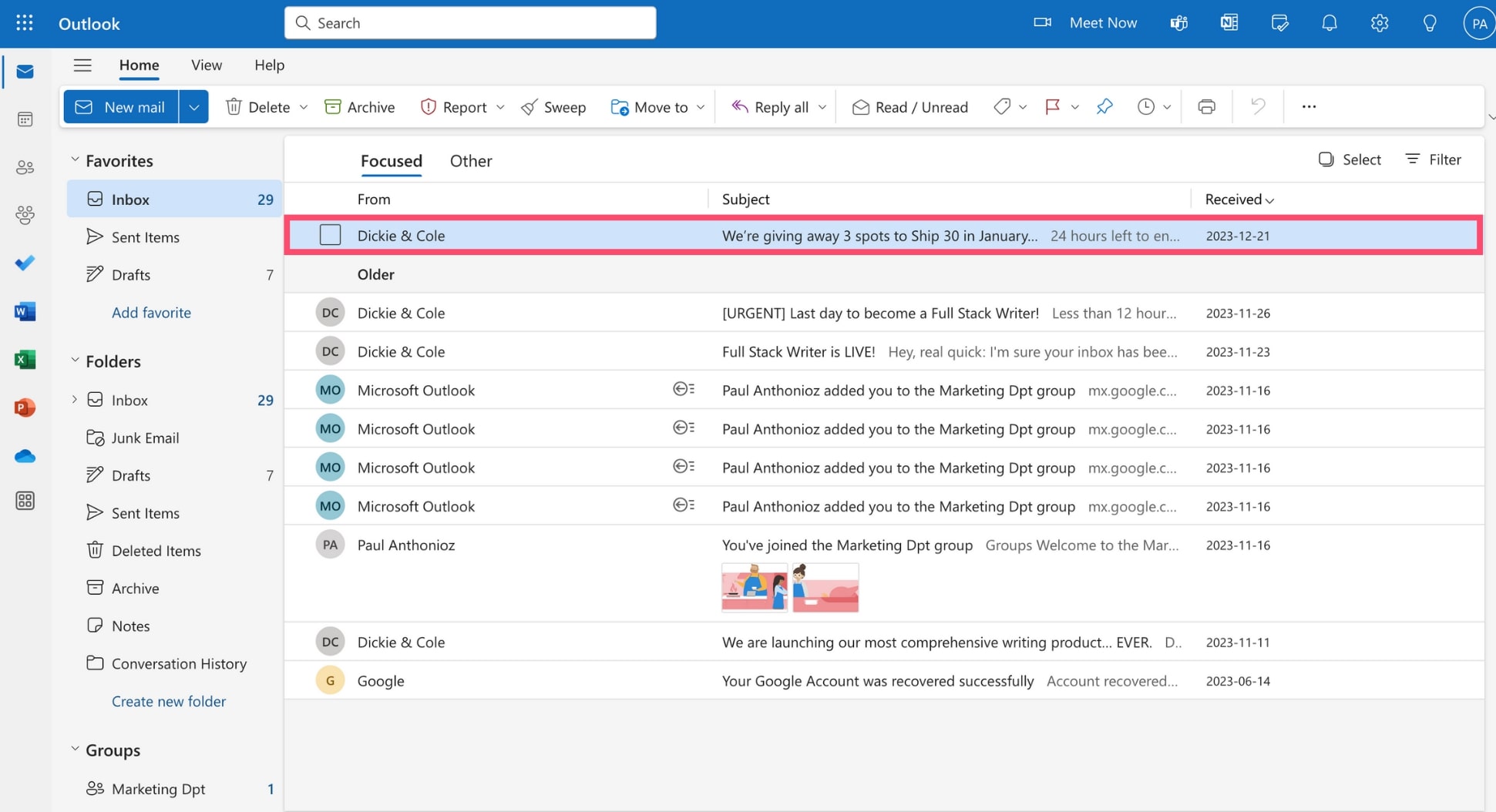 Select the emails you want to download in Outlook