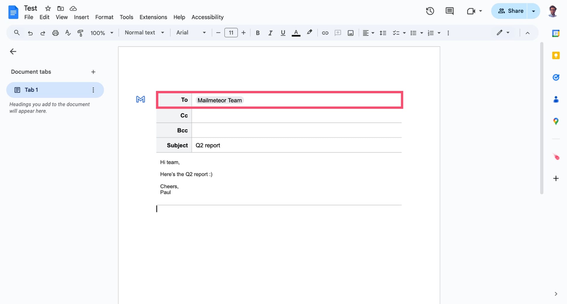 Add recipients to your Gmail draft from Google Docs