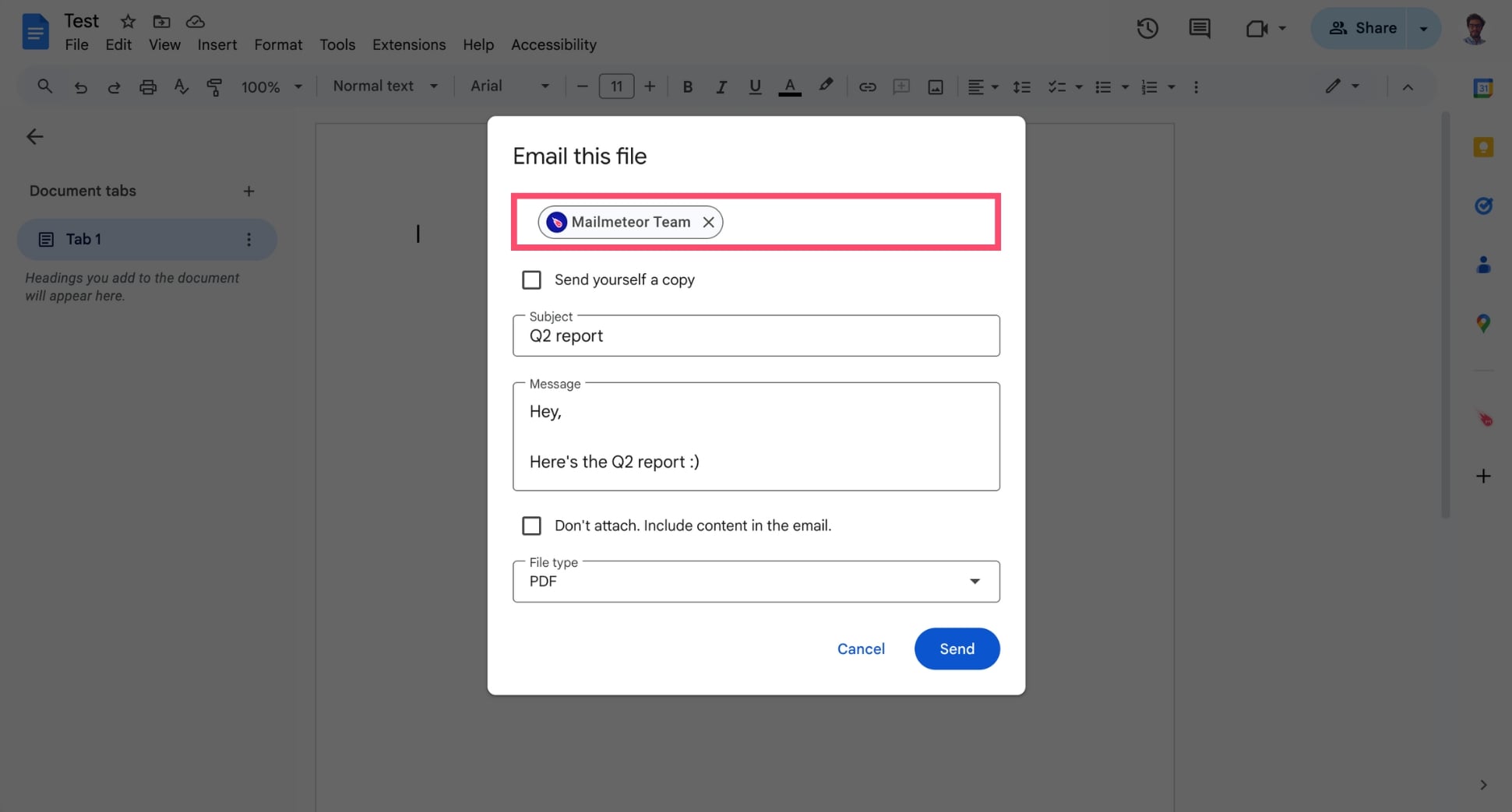 Enter recipient email addresses to send your Google Doc