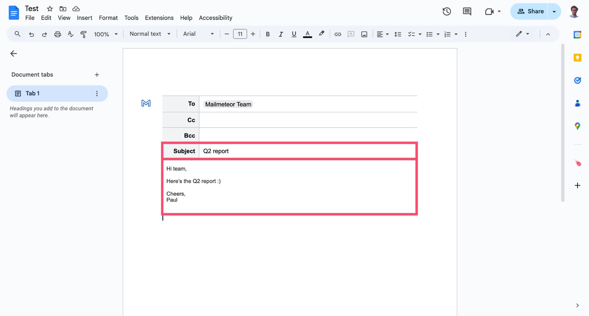 Write your subject line and message in the Google Docs email draft panel