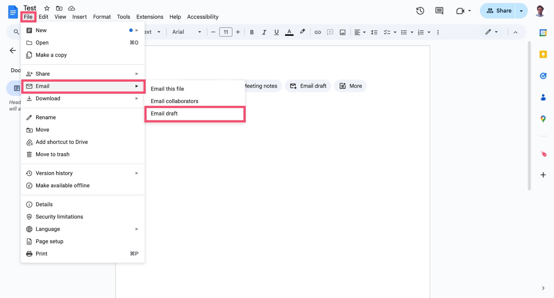 Open the Email draft option in Google Docs