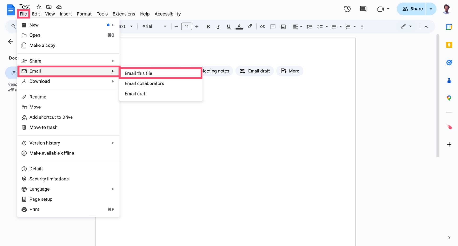 Email your Google Doc as an attachment from the File menu