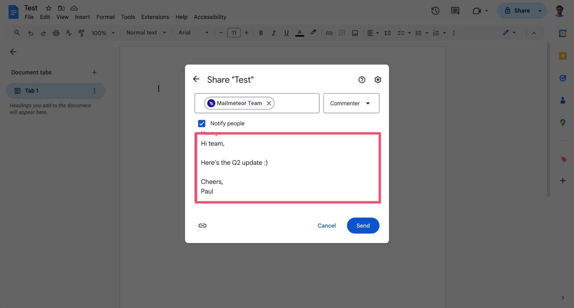 Add a message when sending your Google Doc via link