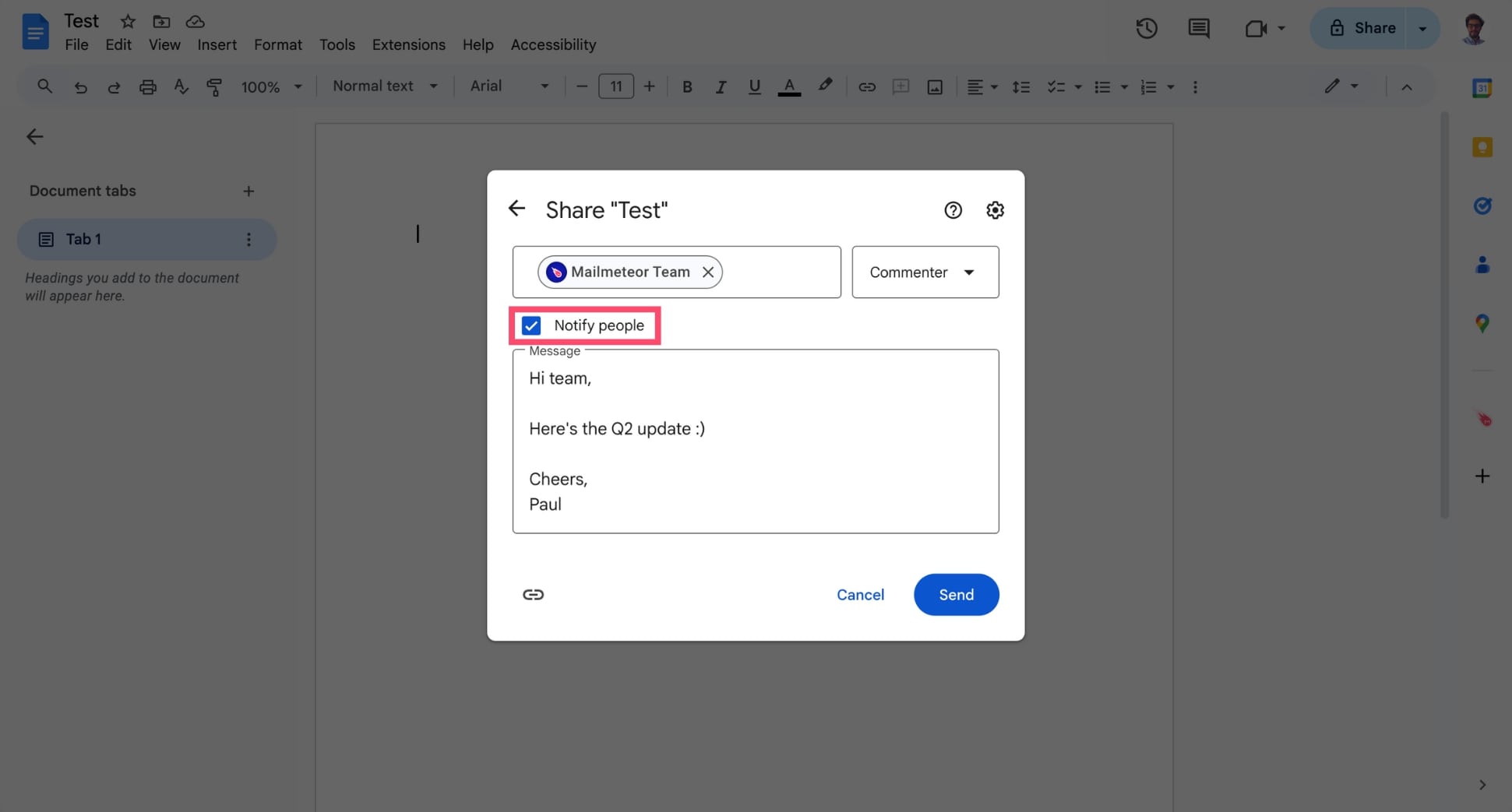 Notify people when sharing a Google Docs via link
