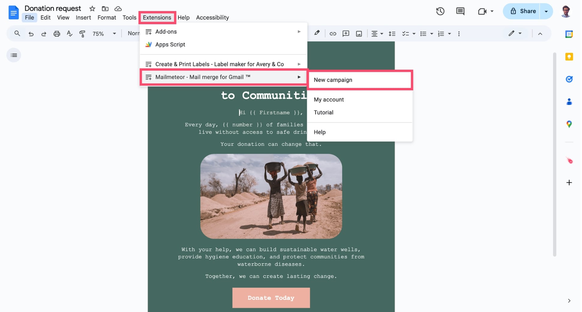 Open Mailmeteor from the Extensions menu in Google Docs