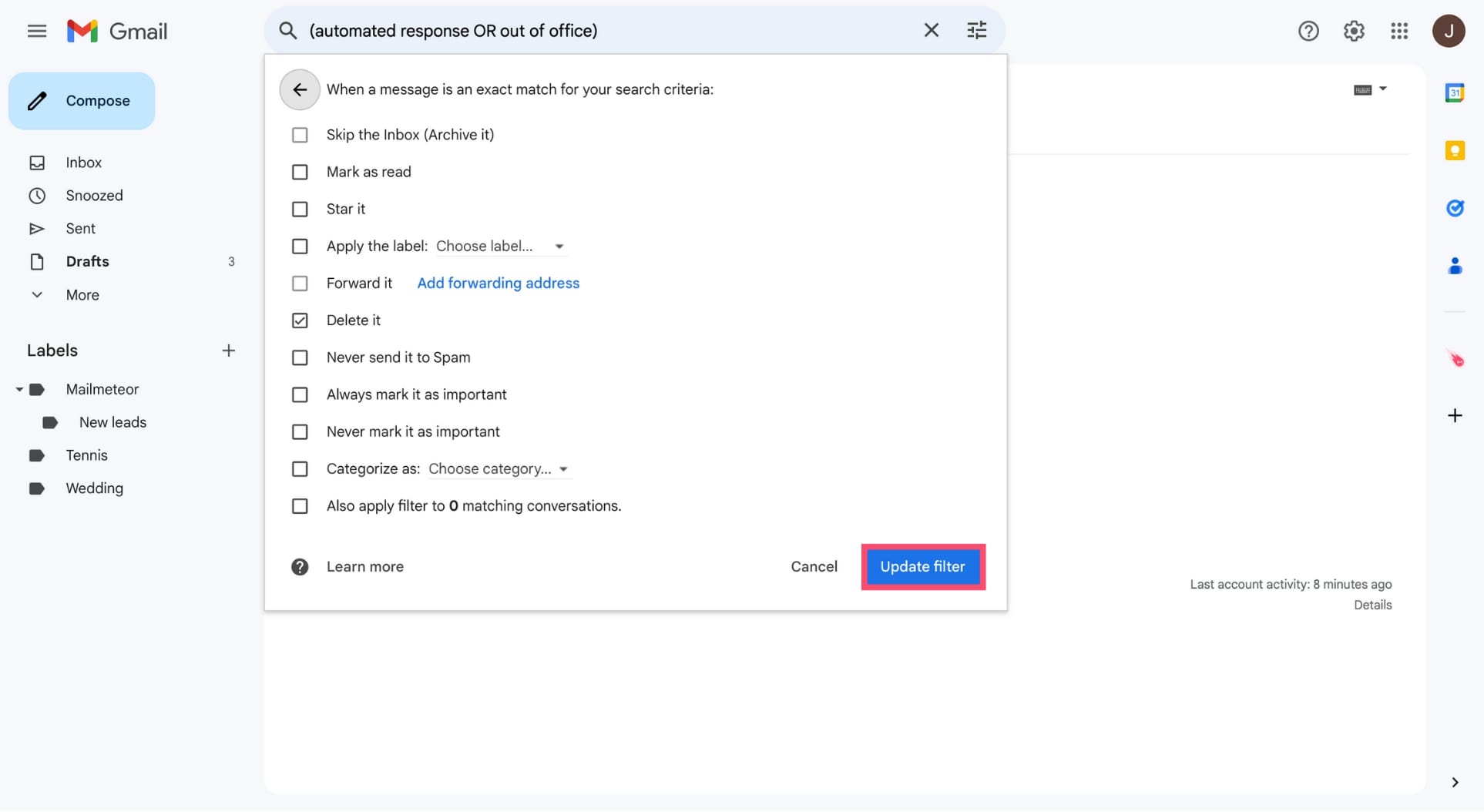 Update a Gmail filter
