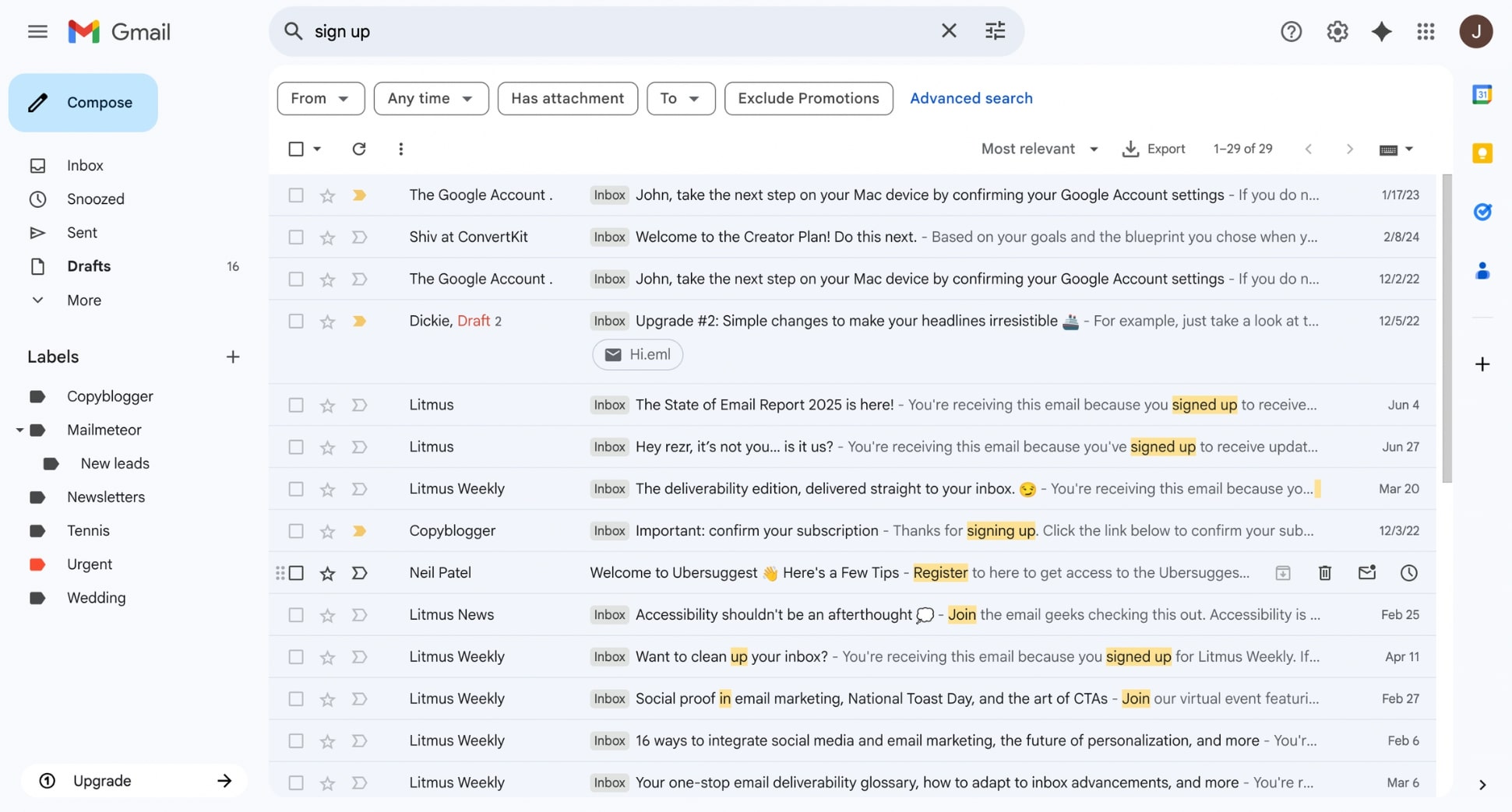 Search your inbox to locate old email accounts