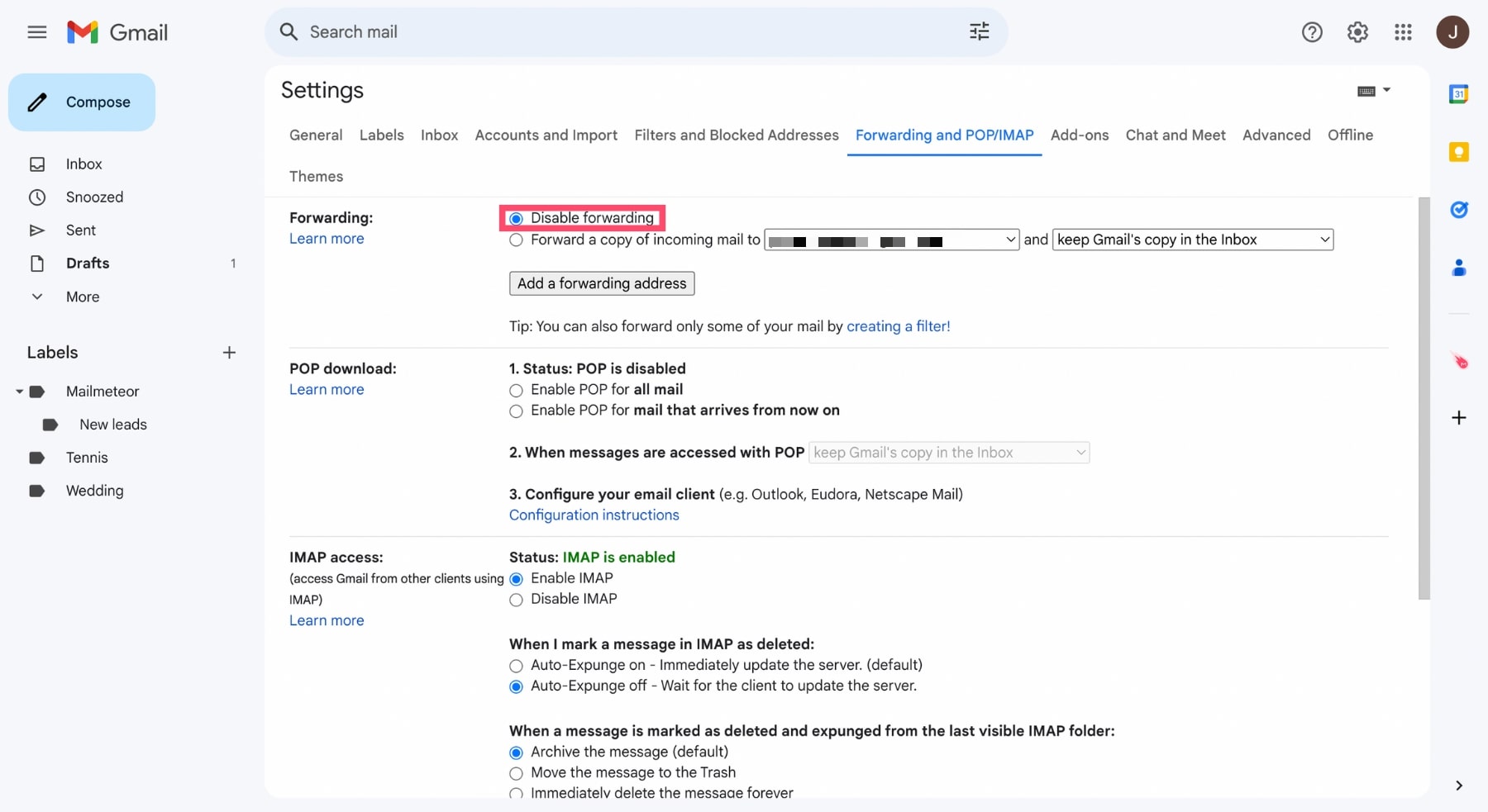Disable auto-forwarding in Gmail