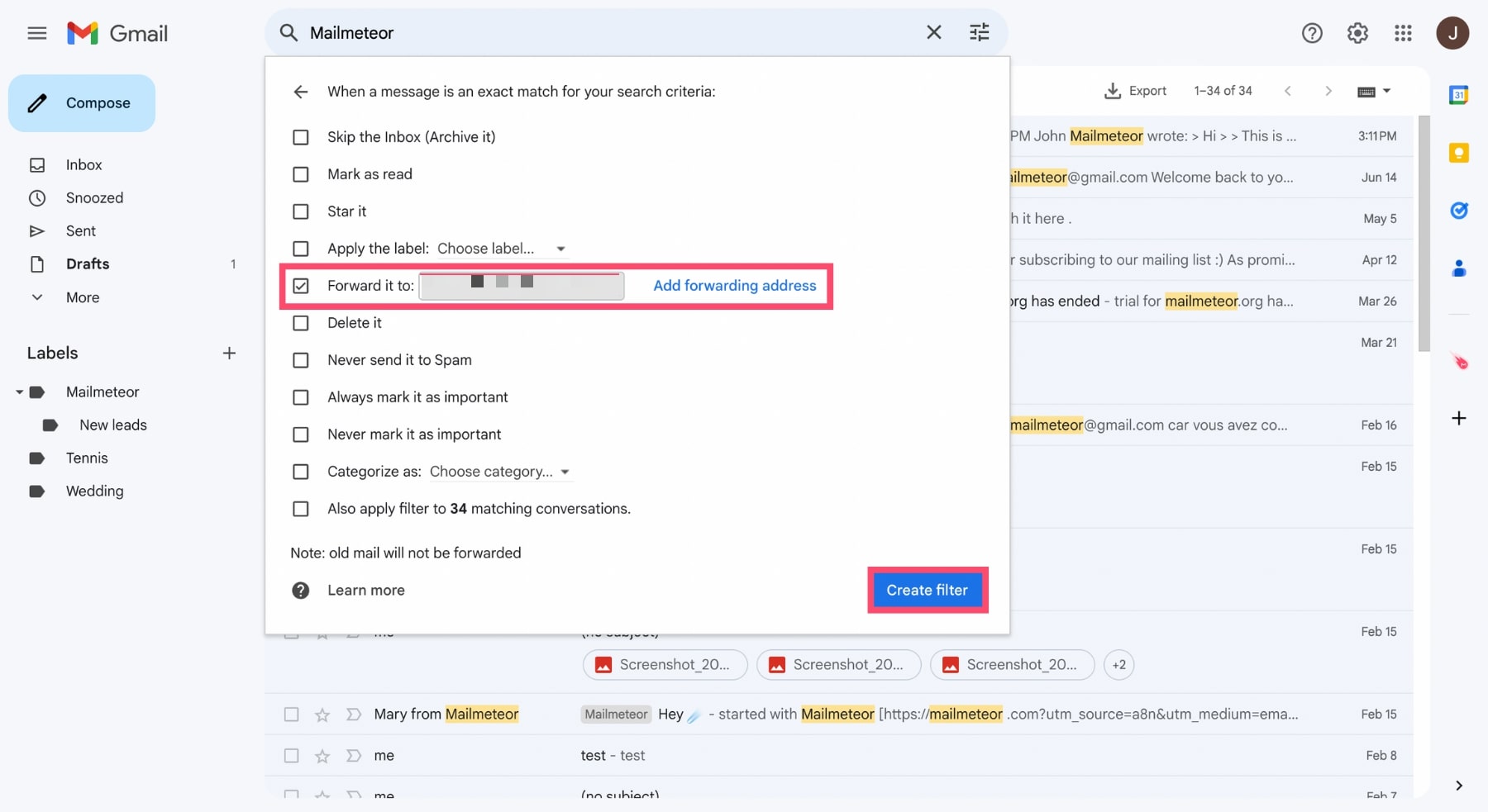 Forward filtered emails in Gmail