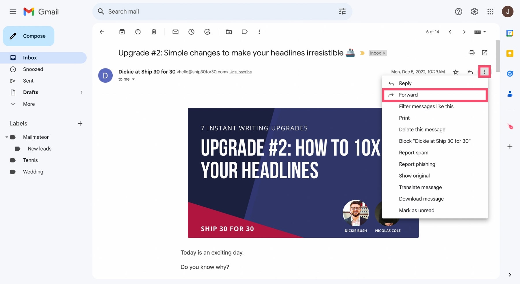 Forward a single email in Gmail