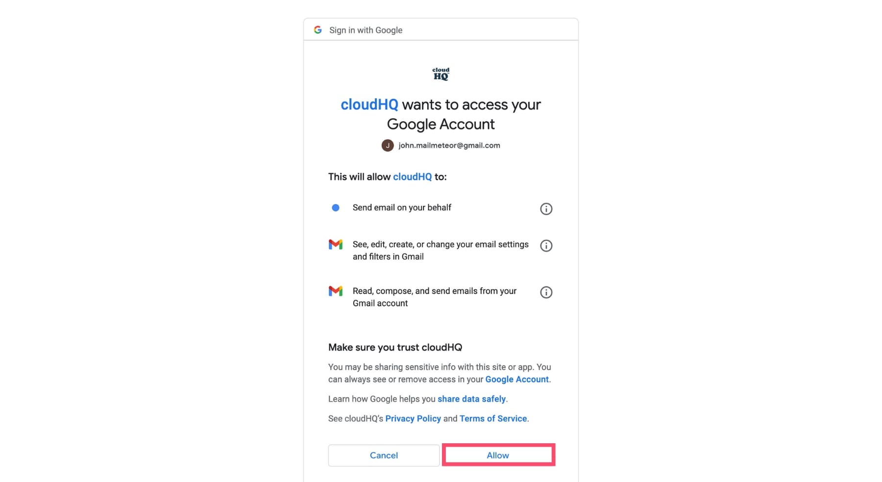 Give CloudHQ permission to access your Gmail account