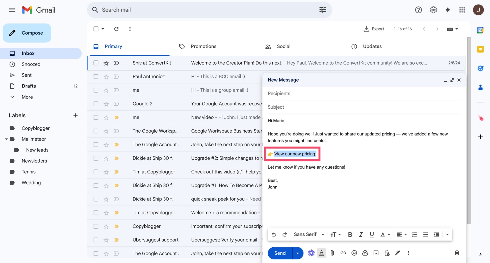 Select the anchor text in Gmail