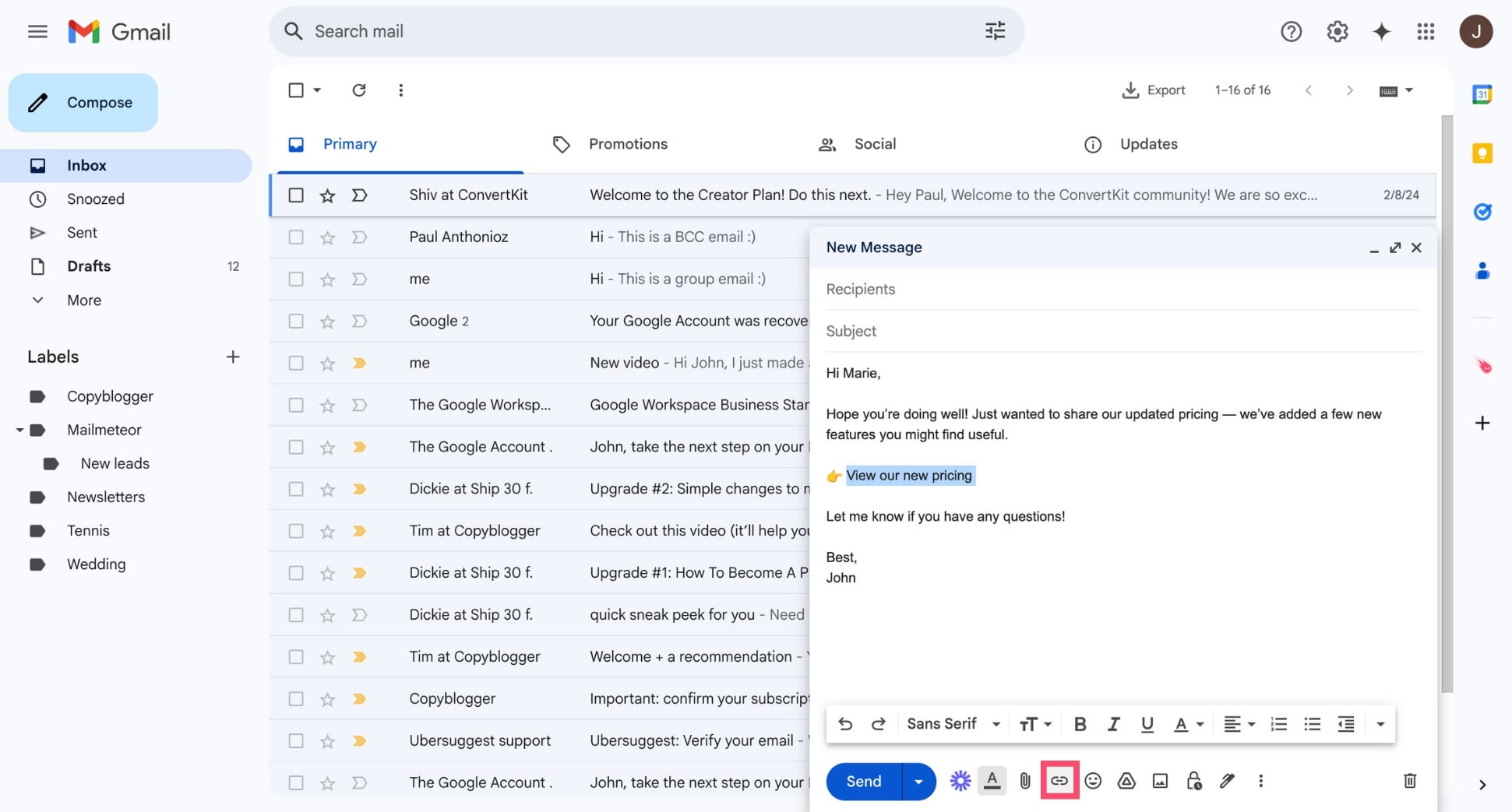 Insert a hyperlink in Gmail