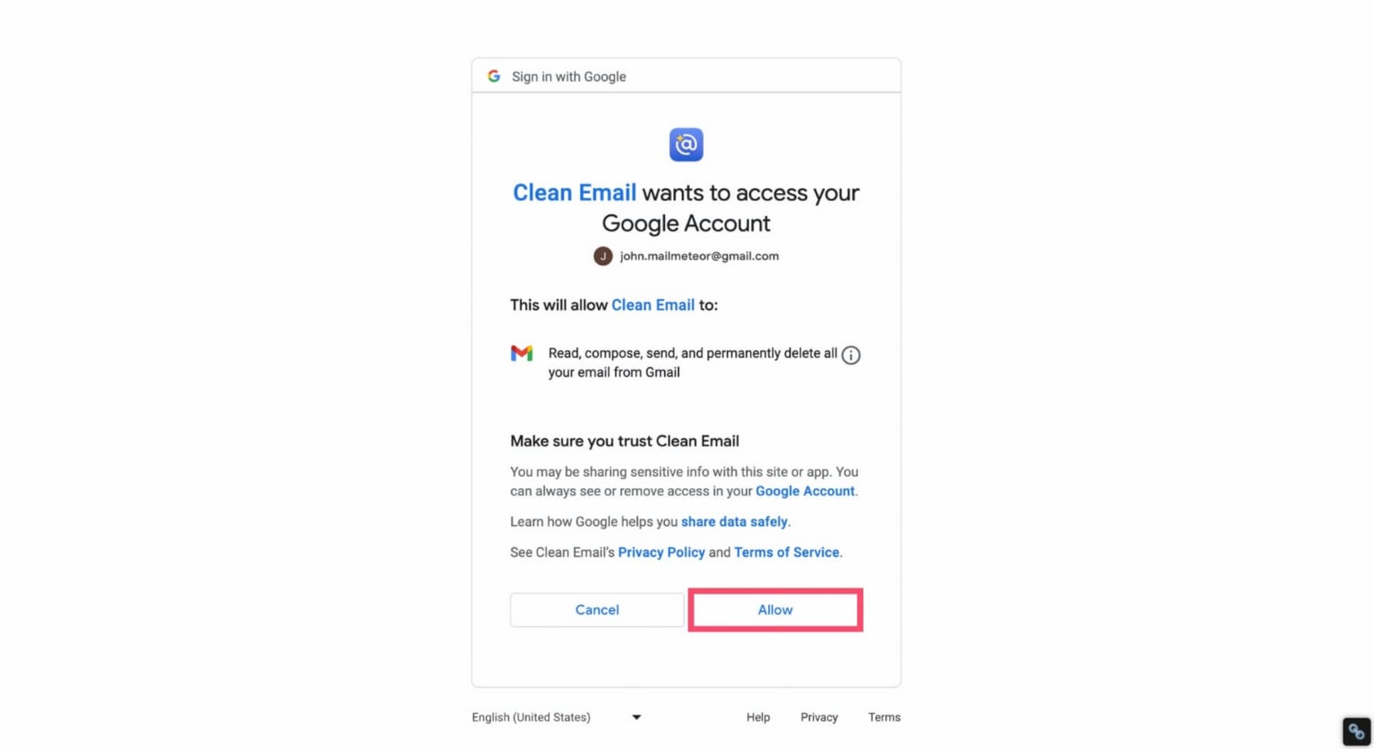 Allow Clean Email access to your Gmail inbox