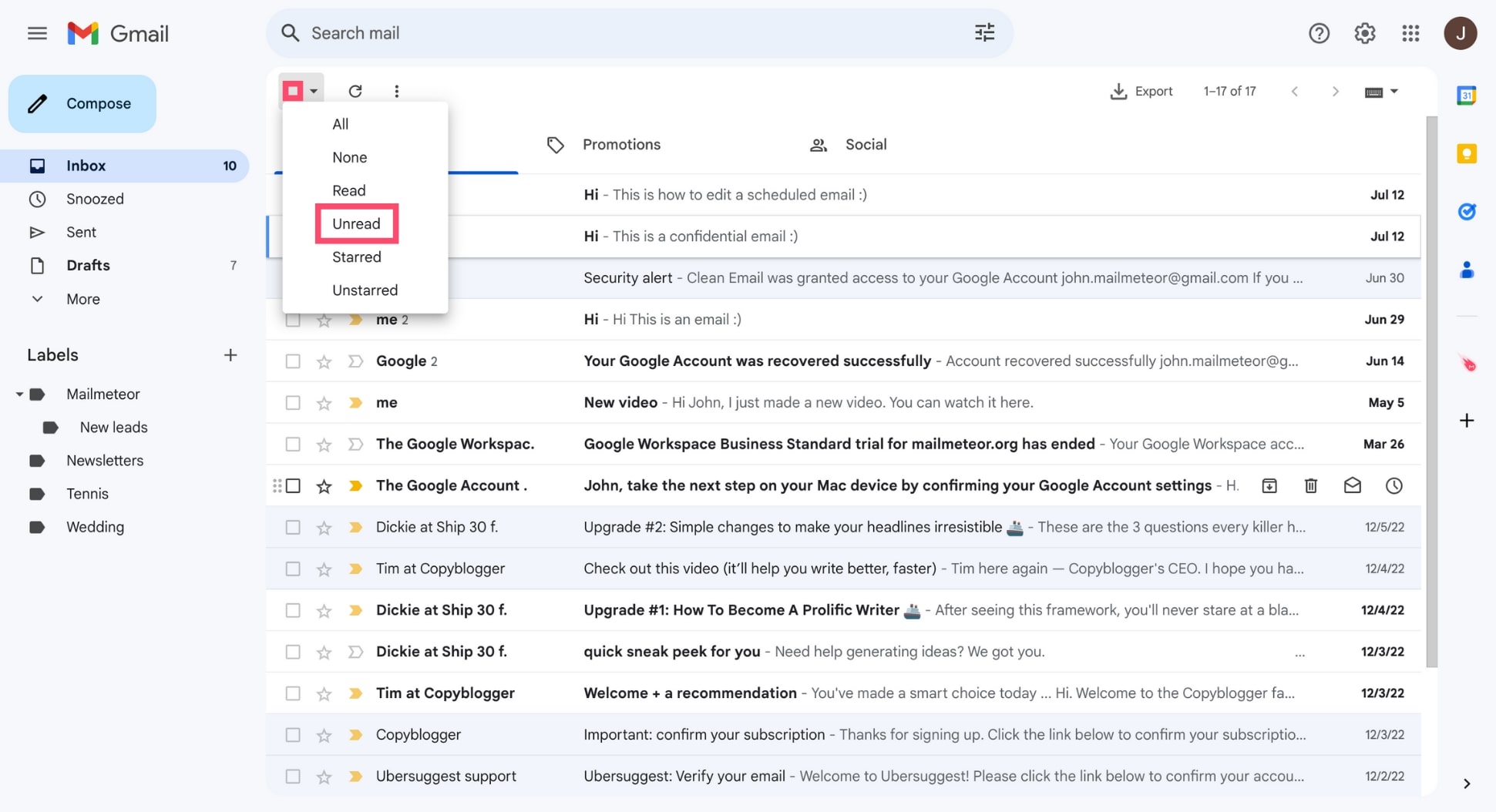 Select all your unread messages in Gmail